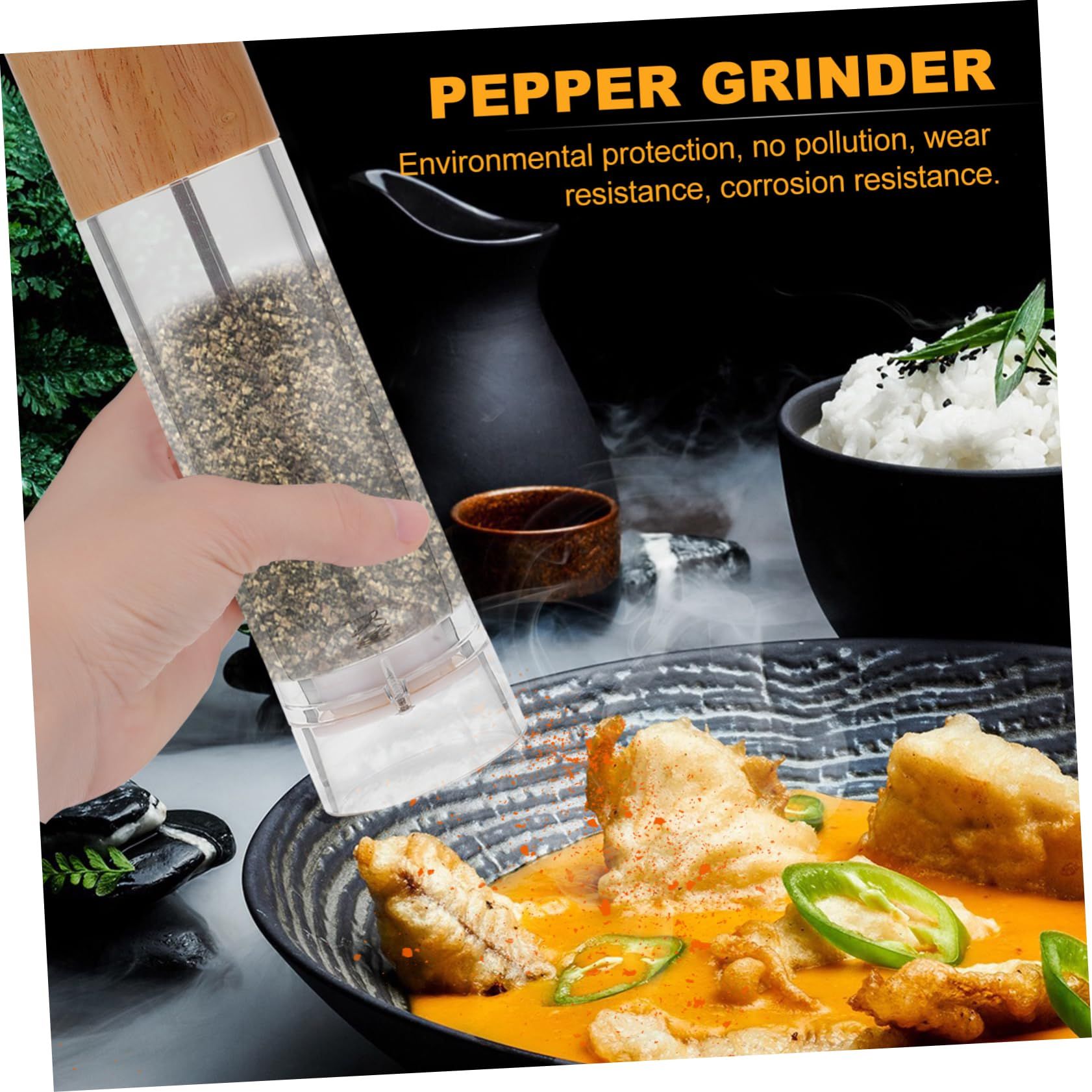 Handheld Pepper with Refillable Glass Container and Wood Cover Refillable view 4