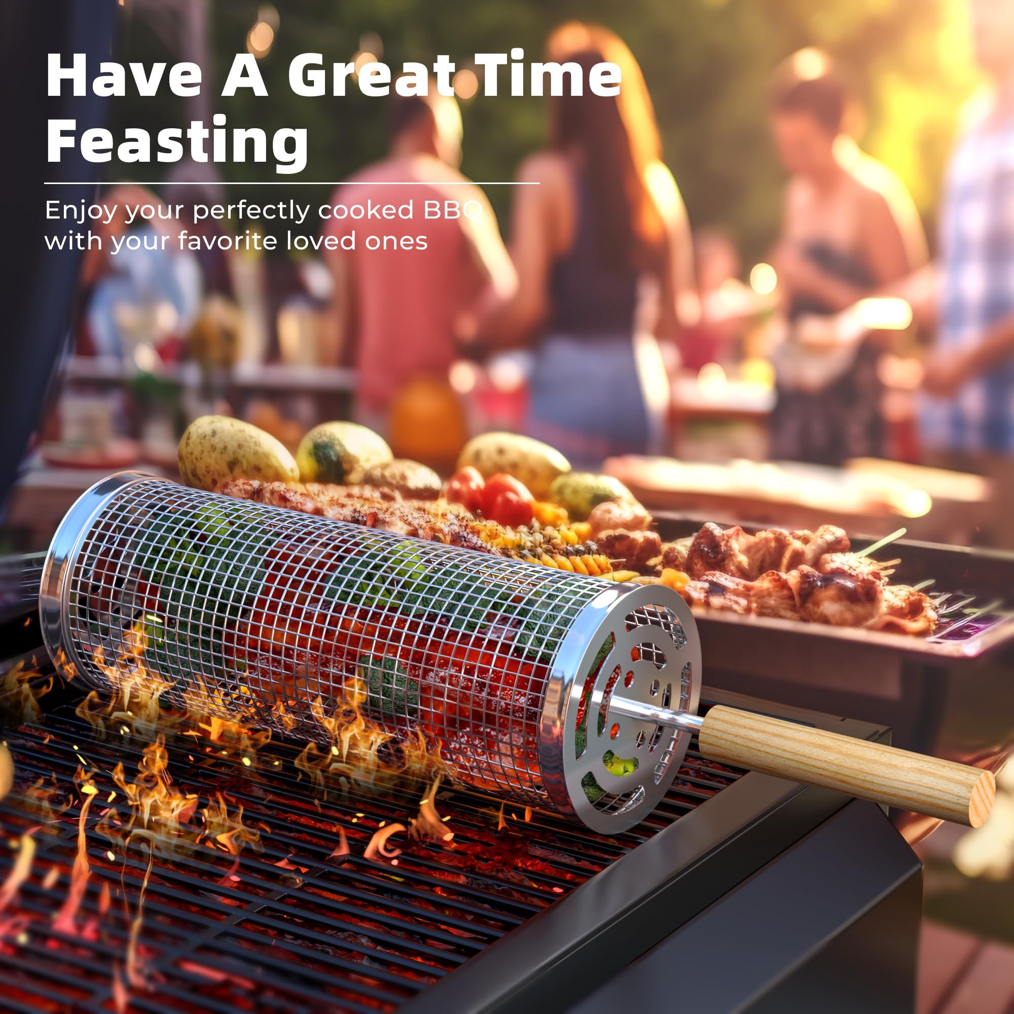 Grill Basket 2PCS Rolling Grill Baskets with Handle BBQ Grill Basket for view 3