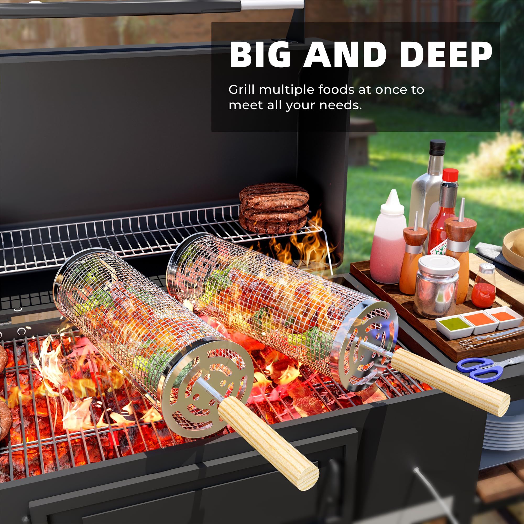 Grill Basket 2PCS Rolling Grill Baskets with Handle BBQ Grill Basket for view 5