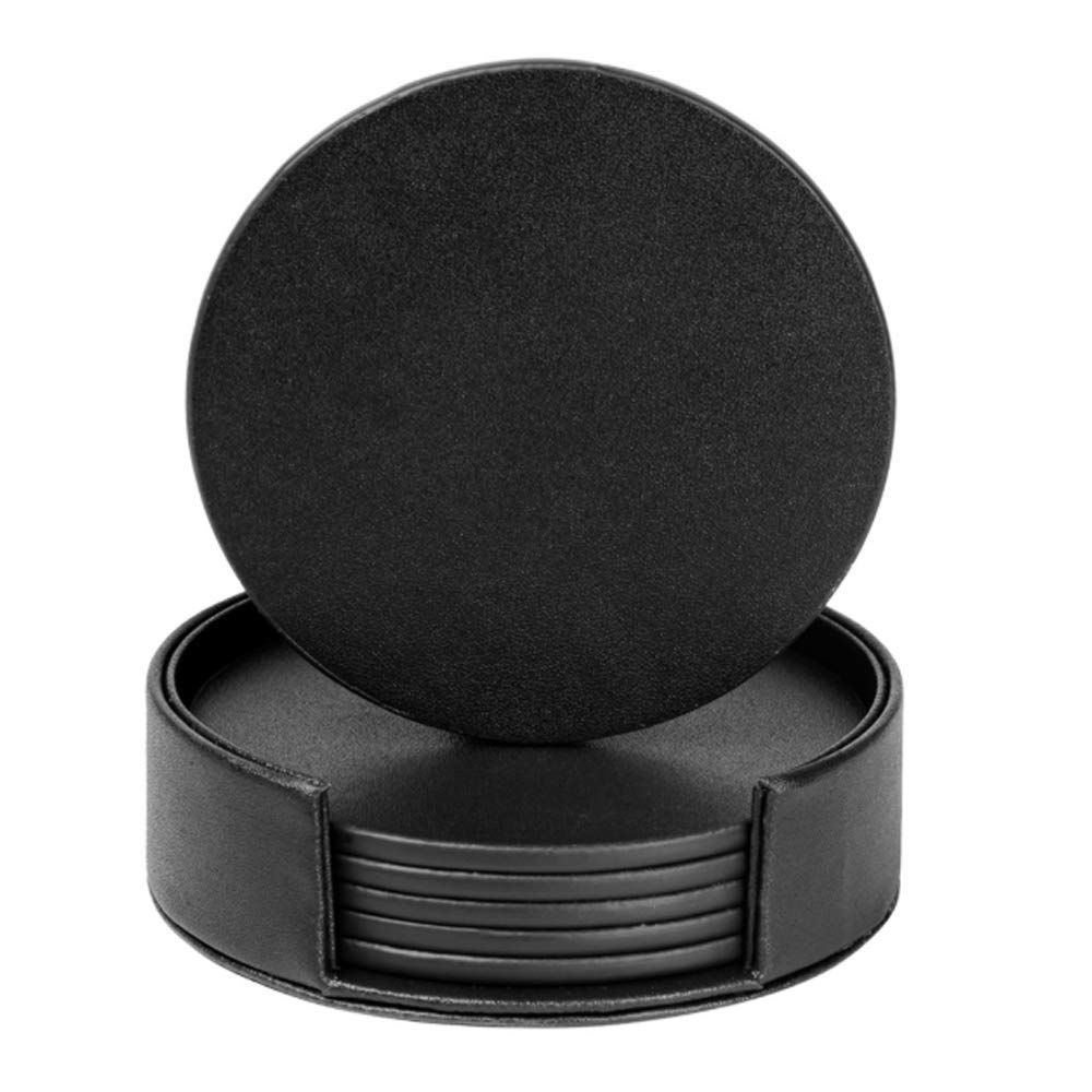 Coasters for Drinks - Set of 6 Absorbent Leather Coasters with Coaster Holder