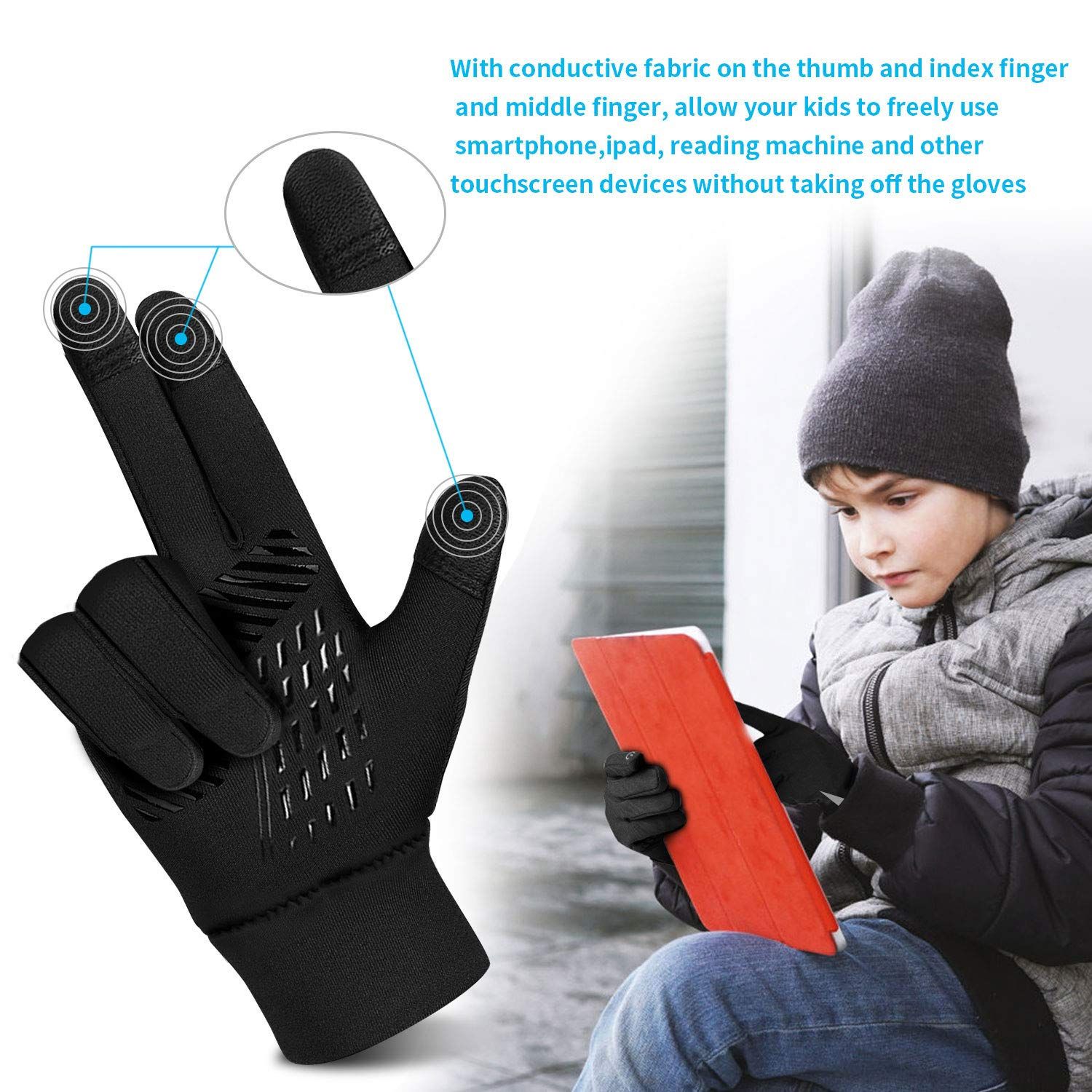 Kids Winter Gloves Back Water Repellent Touchscreen Warm Fleece Anti-Slip for view 4