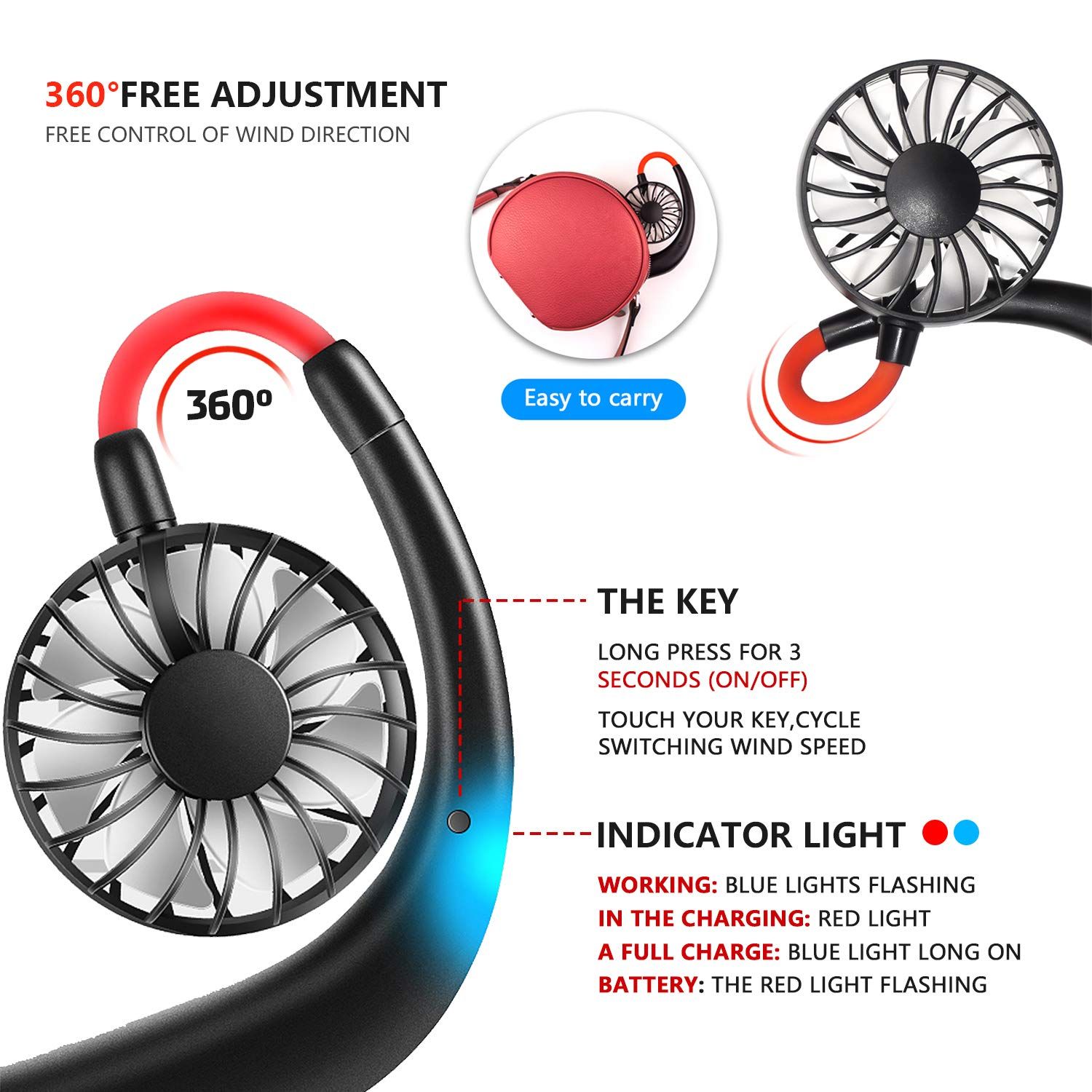 Neck Fan, Portable Fan With 1200 mAh Rechargeable Battery USB Mini Personal view 2