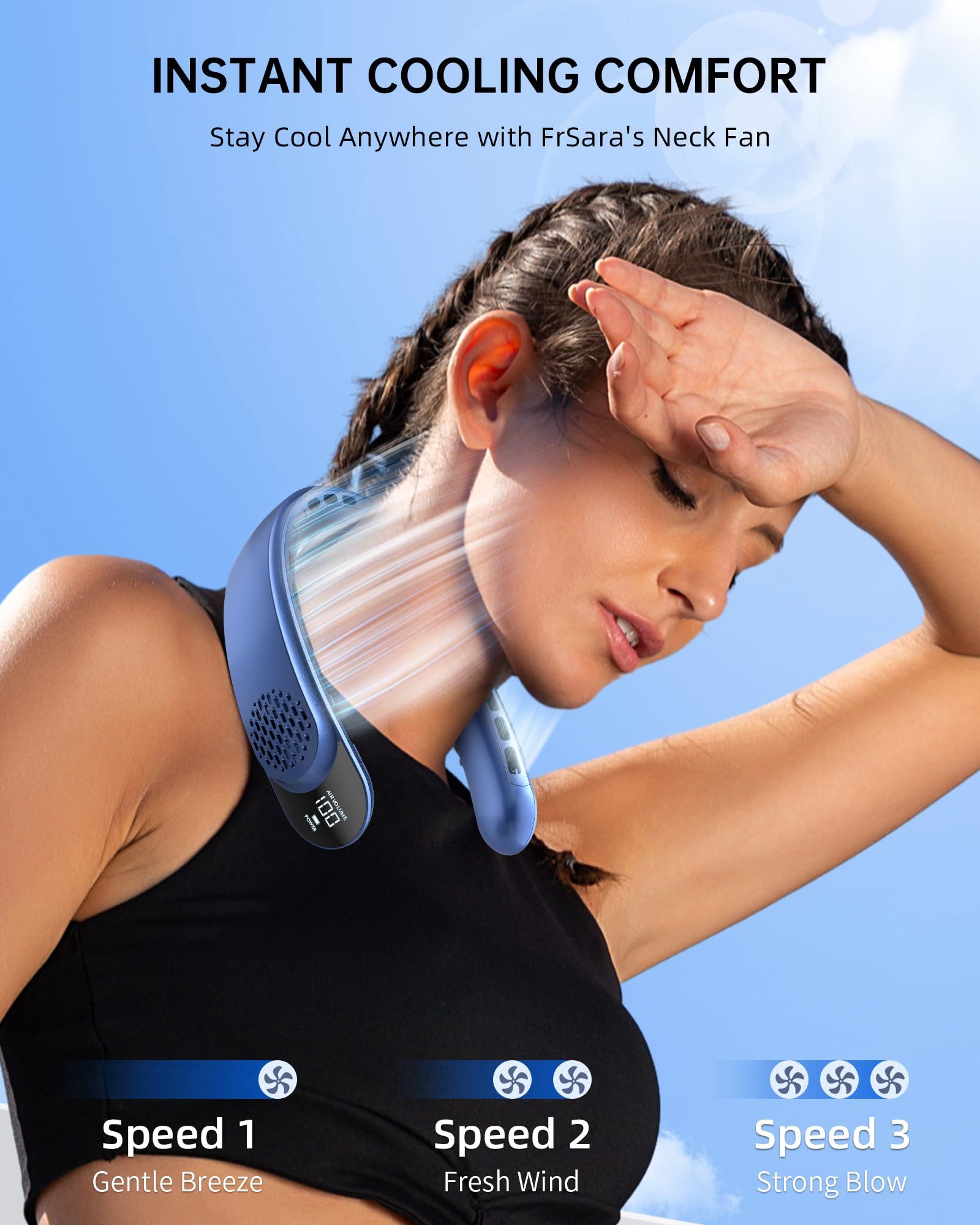 Rechargeable Neck Fan, Personal Fan with LED Display, 3 Speeds with 3600mAh view 3