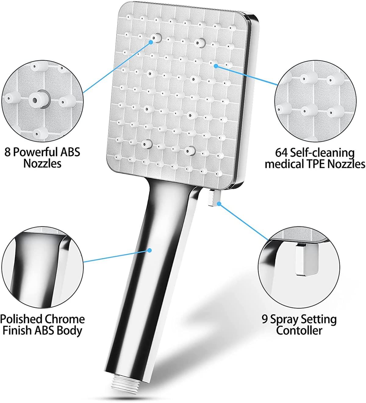 High-Pressure Handheld Shower Head with Easy Clicker for Multiple Sprays. Low view 2