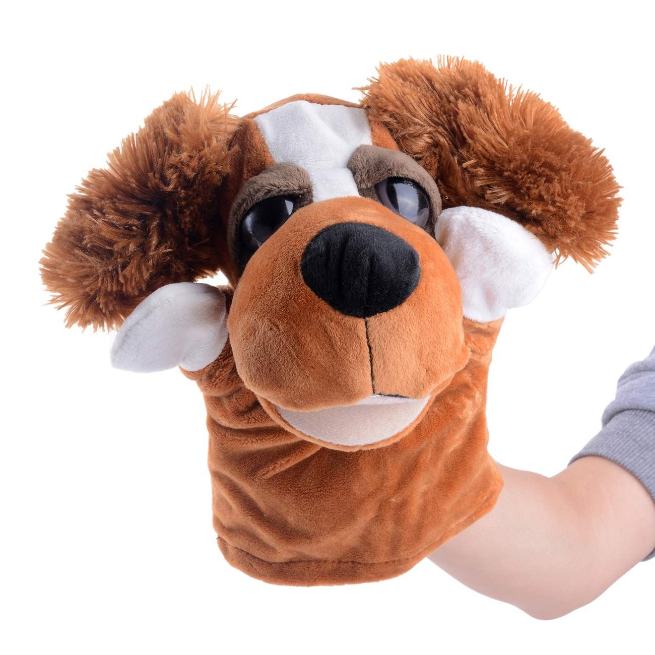 Plush dog, puppy, open mouth, hands, puppy, children's animal toy
