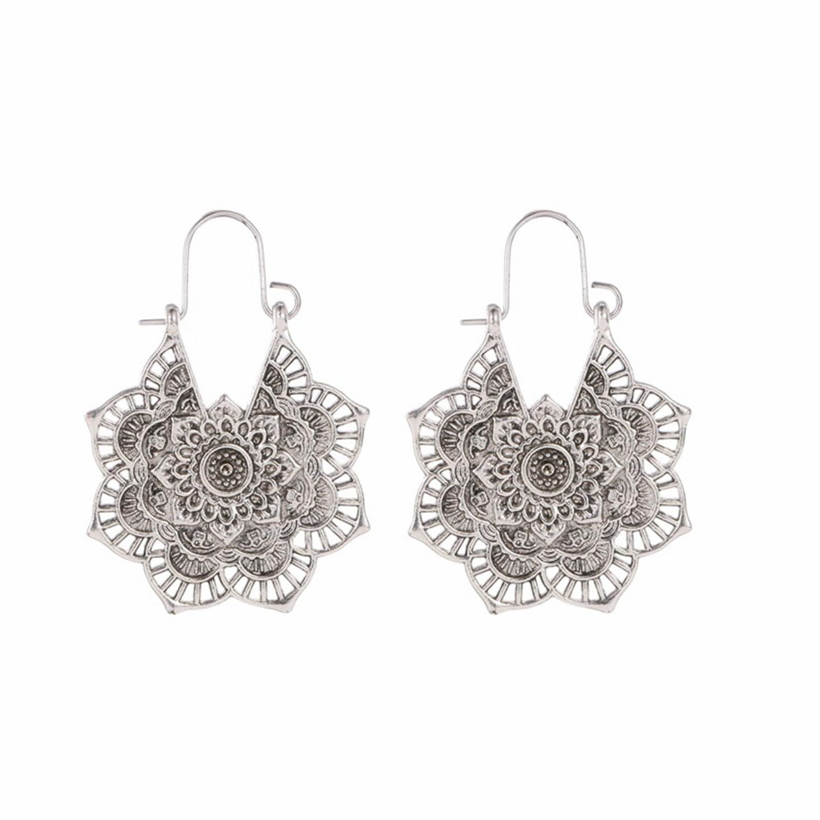 Vintage Mandala Flower Drop Dangle Earrings for Women Girl Tribal Hollow