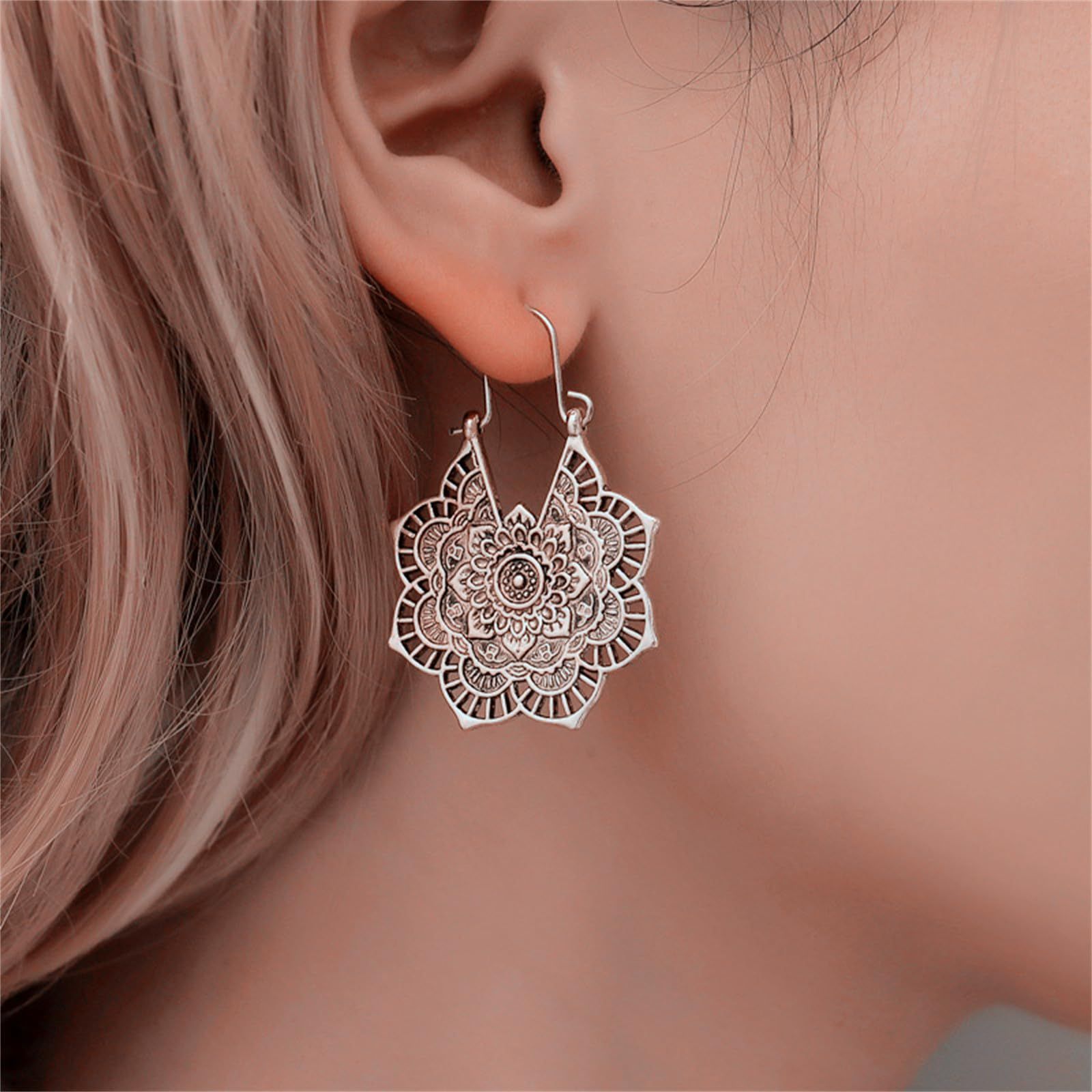 Vintage Mandala Flower Drop Dangle Earrings for Women Girl Tribal Hollow view 2