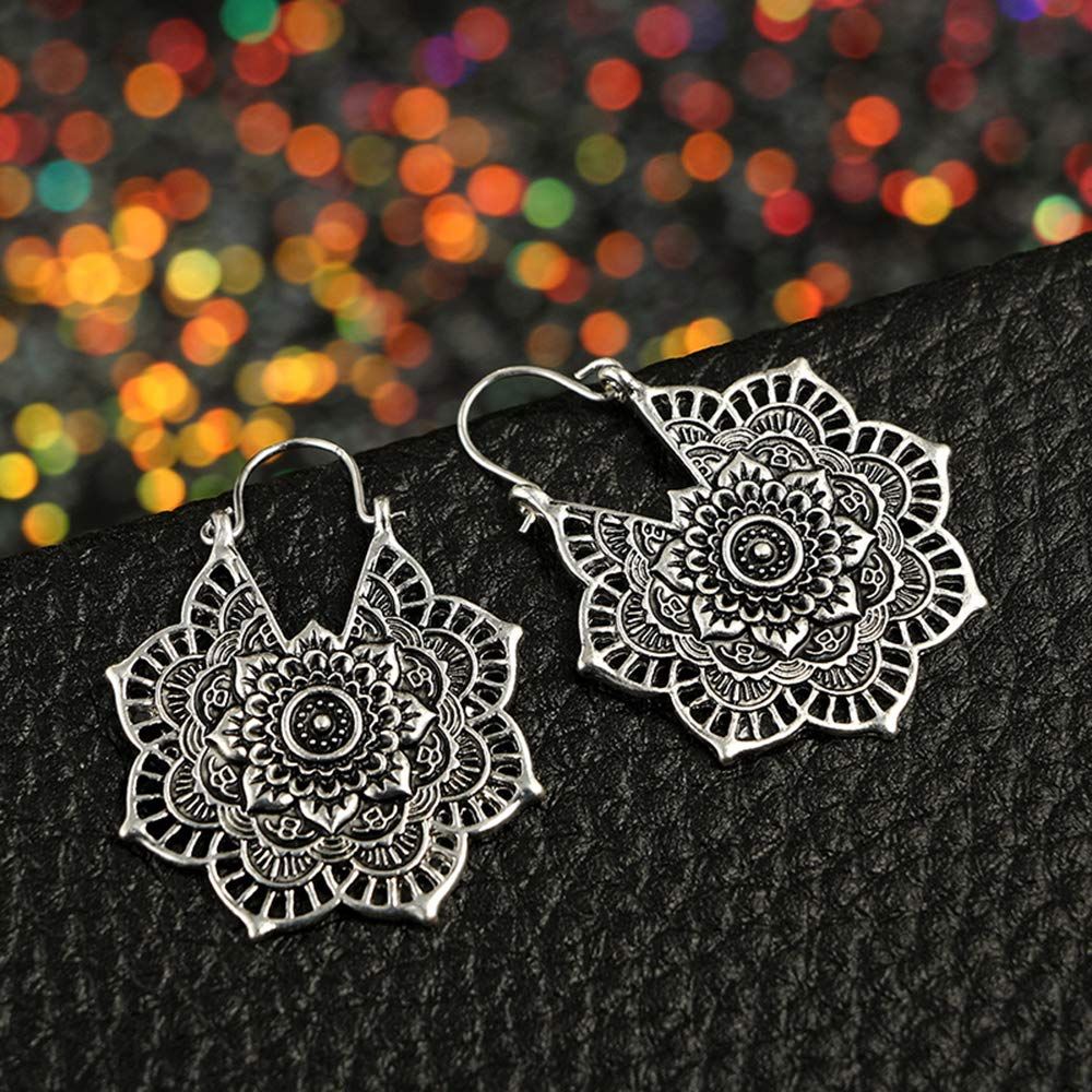 Vintage Mandala Flower Drop Dangle Earrings for Women Girl Tribal Hollow view 5