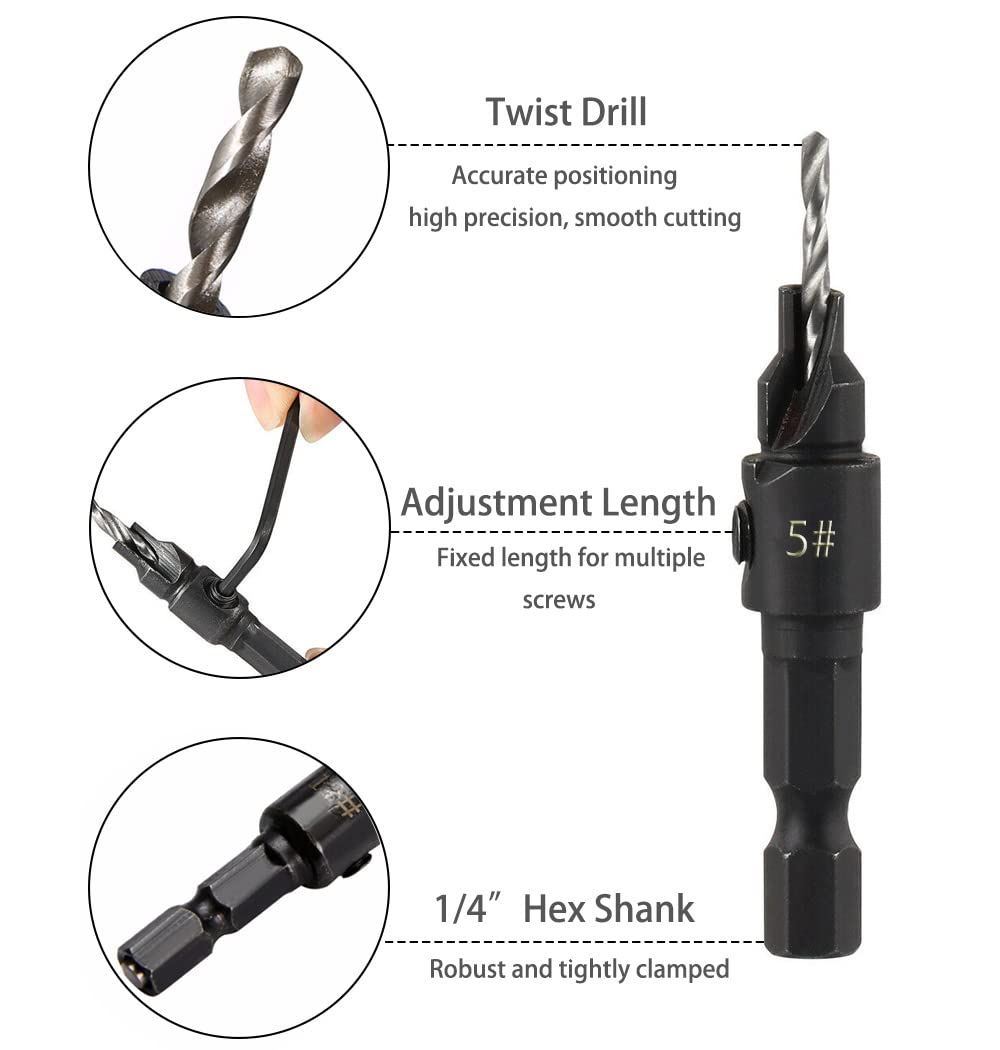 5pcs Wood Countersink Drill Bit Set Hex Shank Quick Change Counter Sinker Pre view 5
