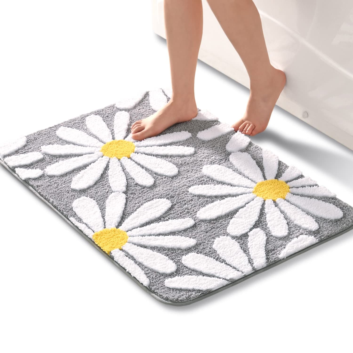 Grey bathroom carpet, cute daisy bath mat, white and yellow flower decoration
