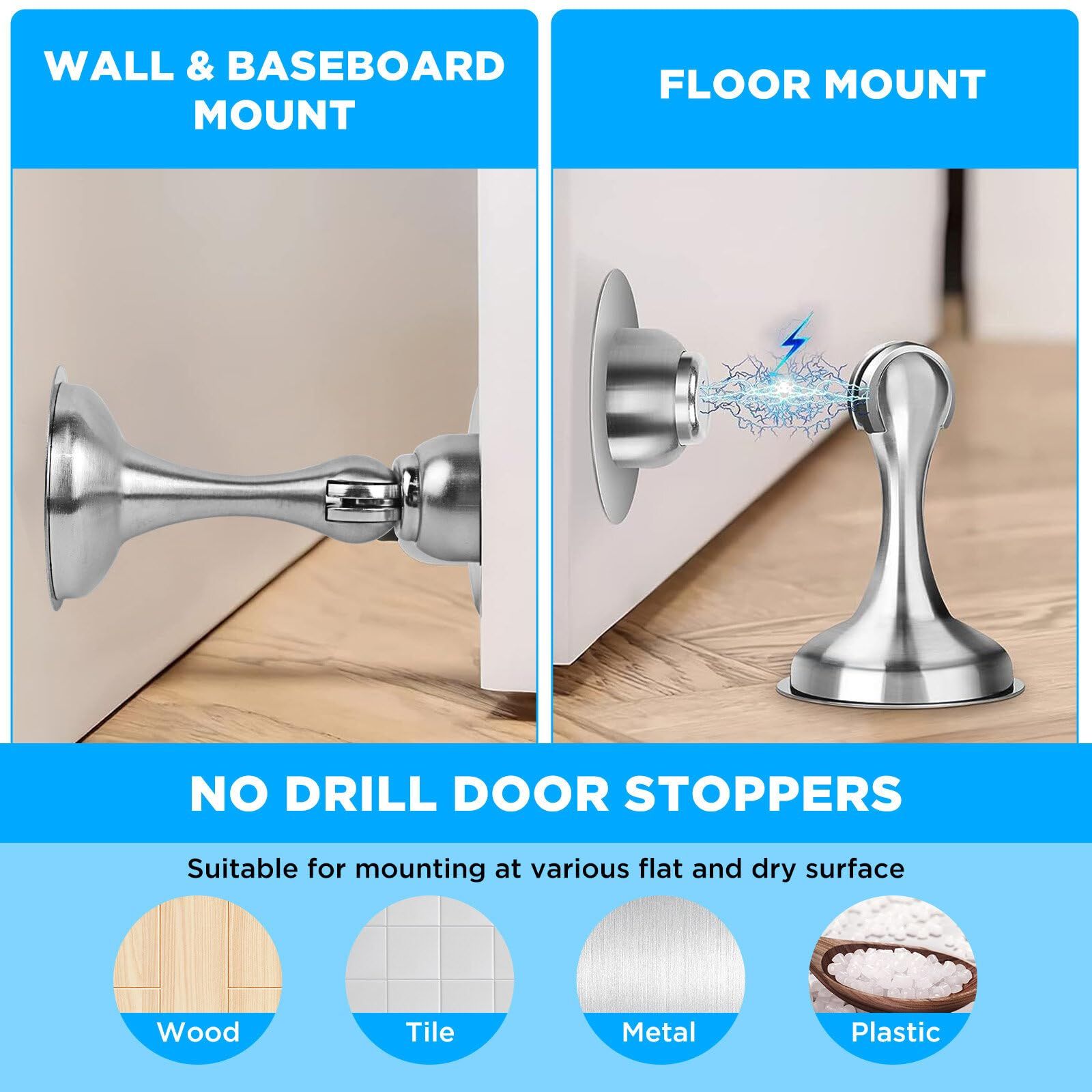 2 pcs Magnetic Door Stoppers Stainless Steel Door Stops for Wall and Floor view 4