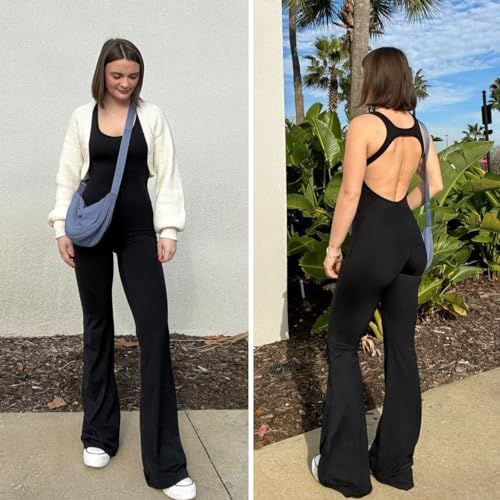 Women's Backless Flared Jumpsuit for Yoga, Gym, Parties & Daily Wear, L (Black) view 5