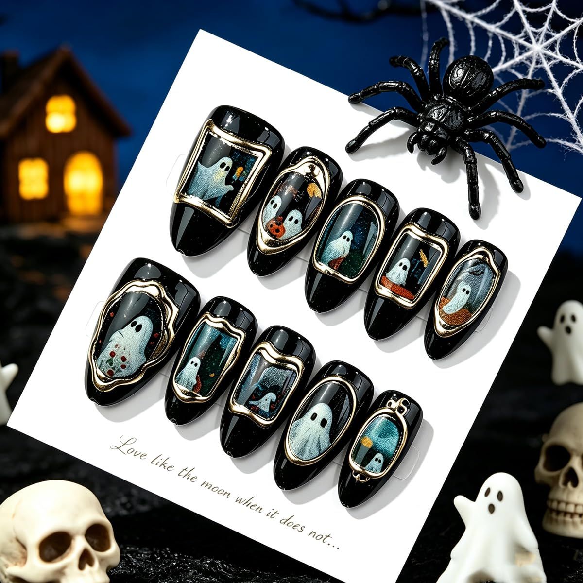 30pcsReusable Halloween Press-On Nails with Ghost Portrait Design for Spooky view 3