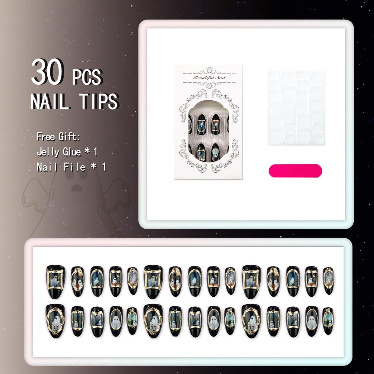 30pcsReusable Halloween Press-On Nails with Ghost Portrait Design for Spooky view 4