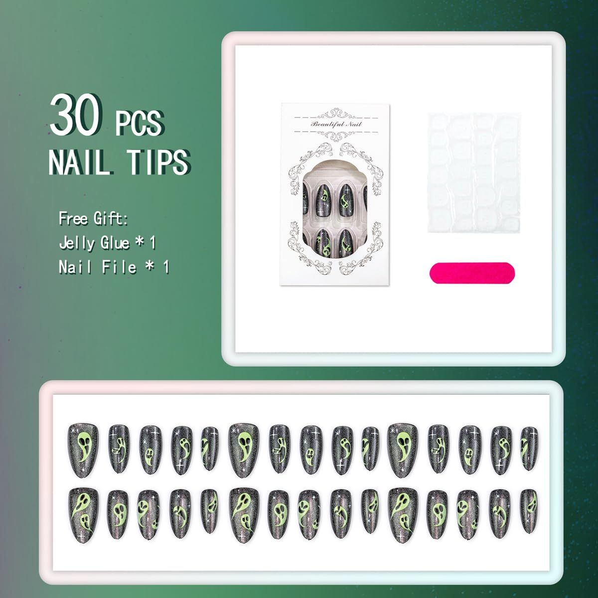 24-Pack Halloween Press-On Nails for Spooky Themed Party Looks (black) view 4