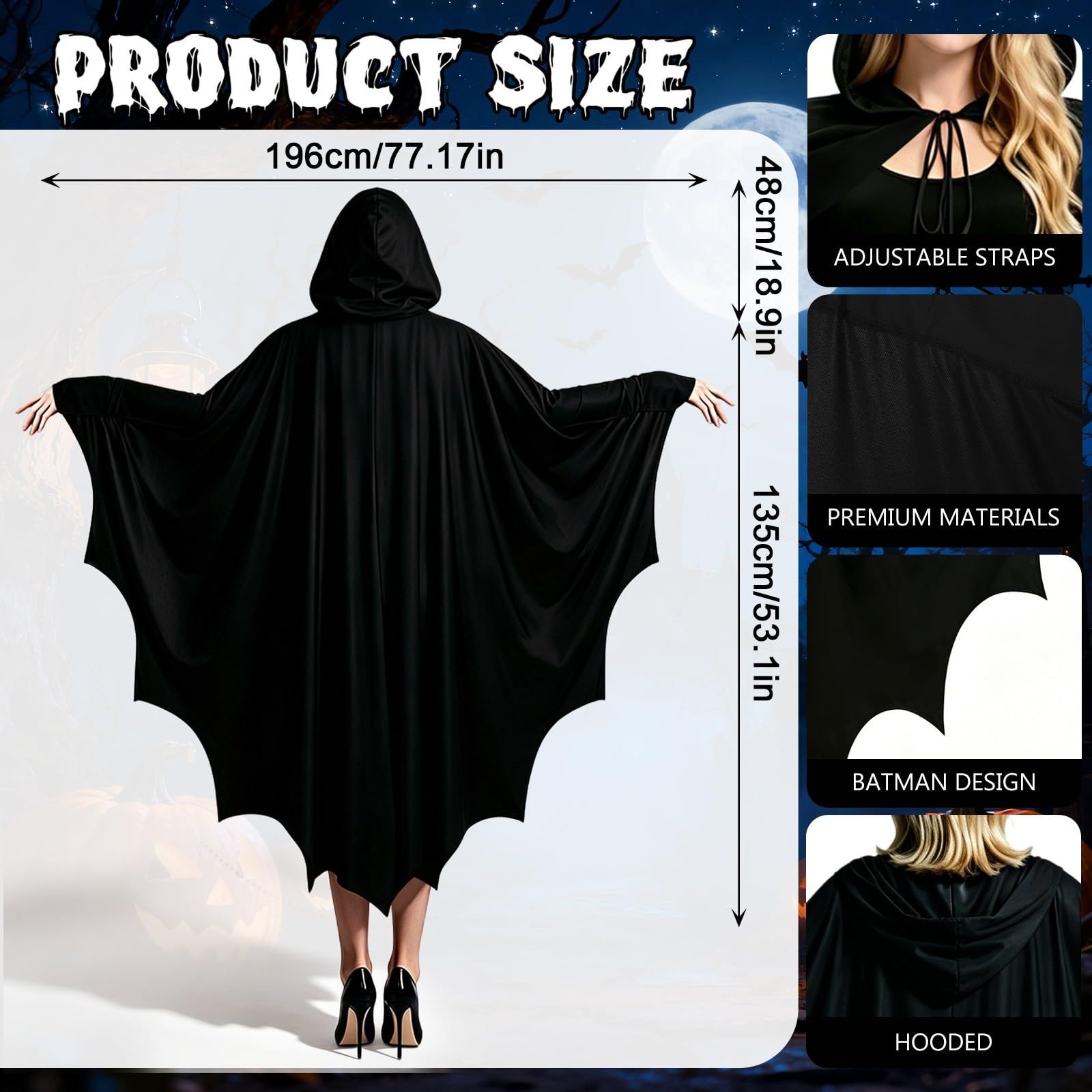 Spooky Bat Cloak for Halloween, Cosplay, Costume Parties and Themed Events (black) view 3