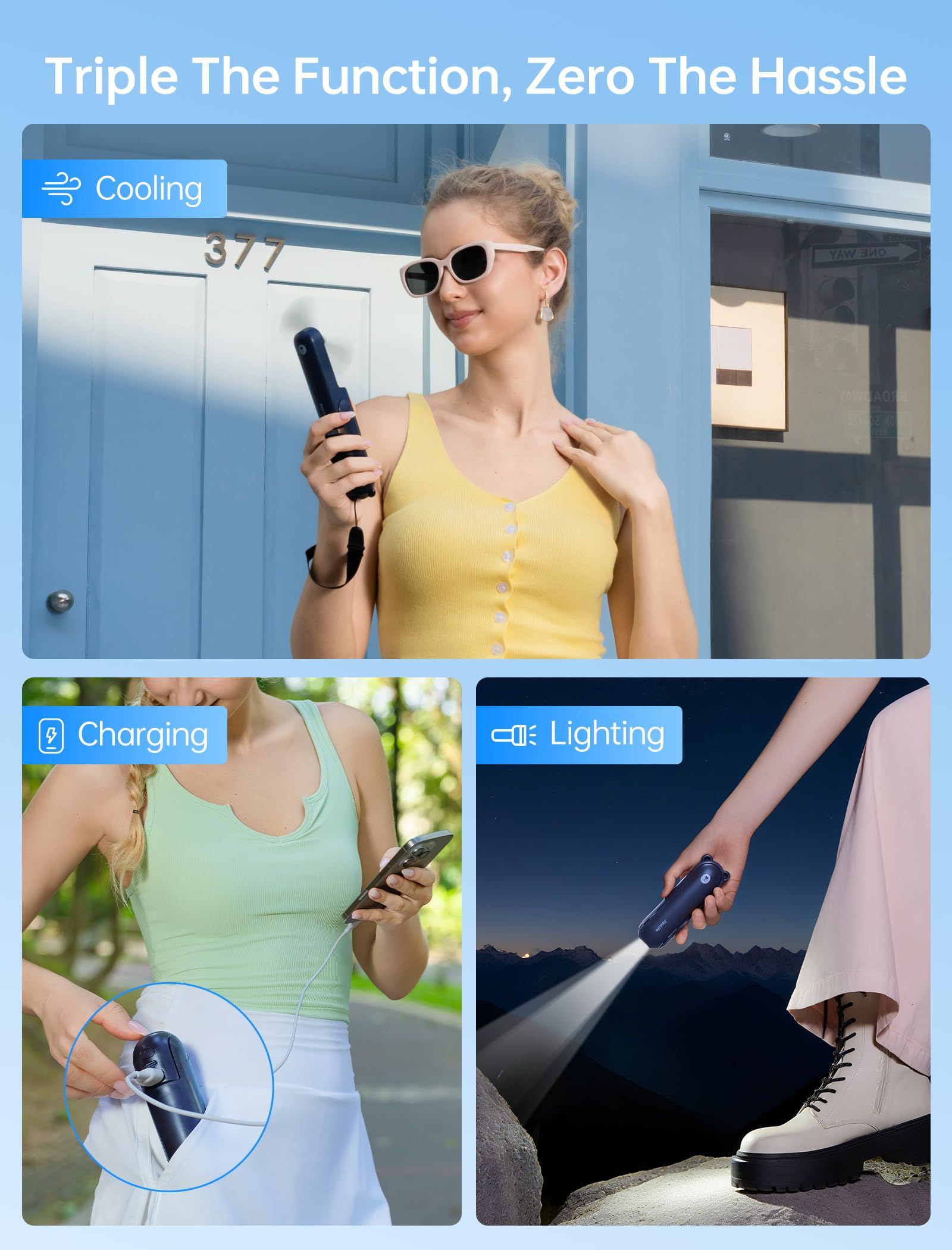 3-in-1 Pocket Fan with Power Bank & Flashlight for Summer Travel view 2