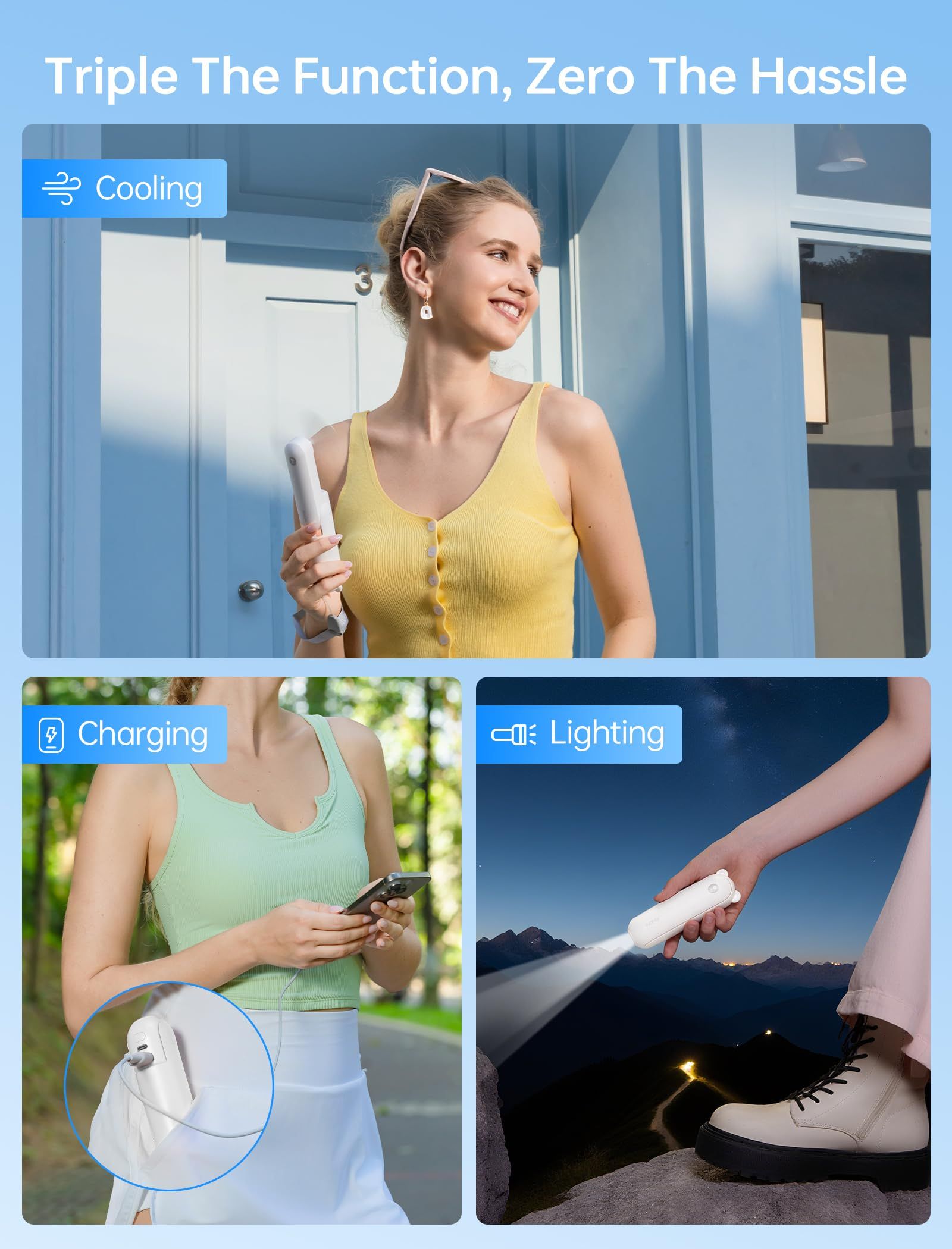 3-in-1 Portable Handheld Fan with Power Bank & Light view 2