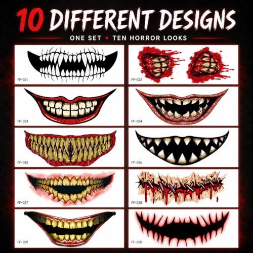 10 Horror Mouth Temporary Tattoos for Halloween Costumes view 2