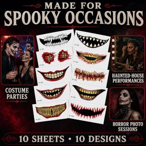 10 Horror Mouth Temporary Tattoos for Halloween Costumes view 4