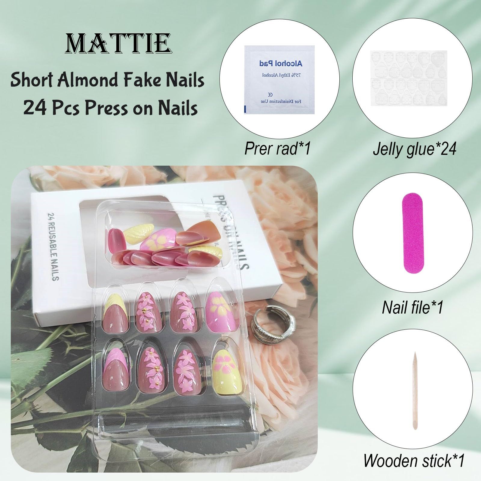 24pcsGlossy Press-On Nails with 3D Charms for Daily Wear view 7