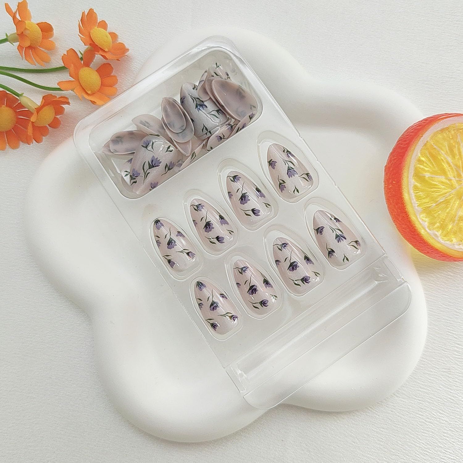 24pcsCute Reusable Press-On Nails With Floral Design For Daily Wear view 5