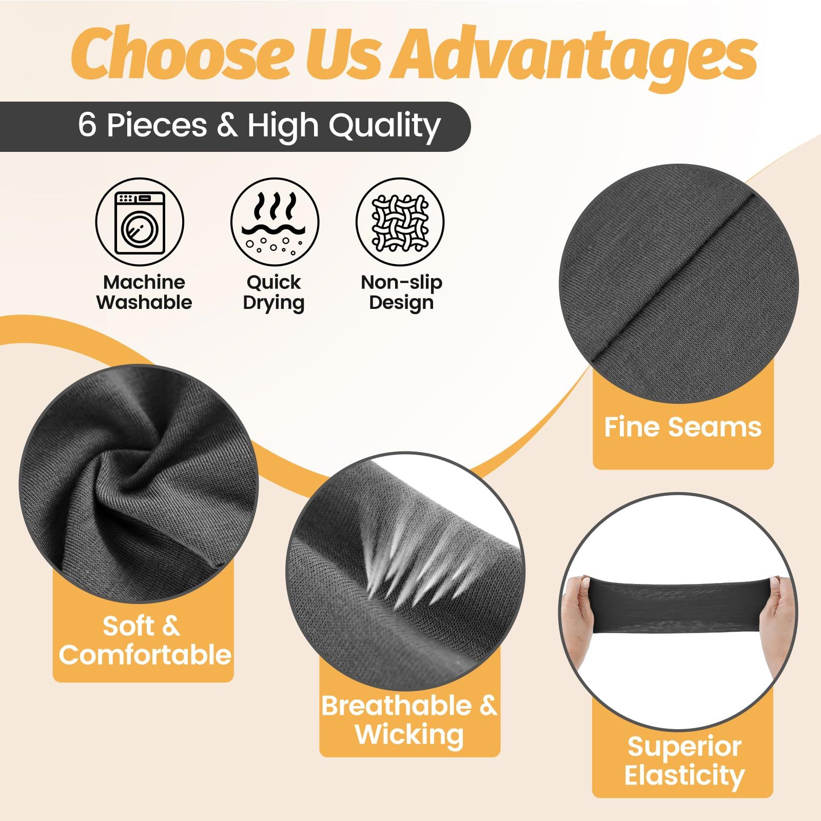 6pcs-Pack Stretch Headbands for Sports, Yoga, Daily Wear & Face Cleansing (Black) view 3