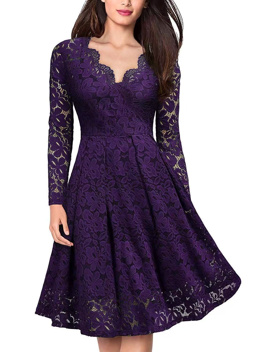 Long Sleeve Lace Dress V-Neck Dress Flared Dress Women'S Formal Dress Elegant view 2