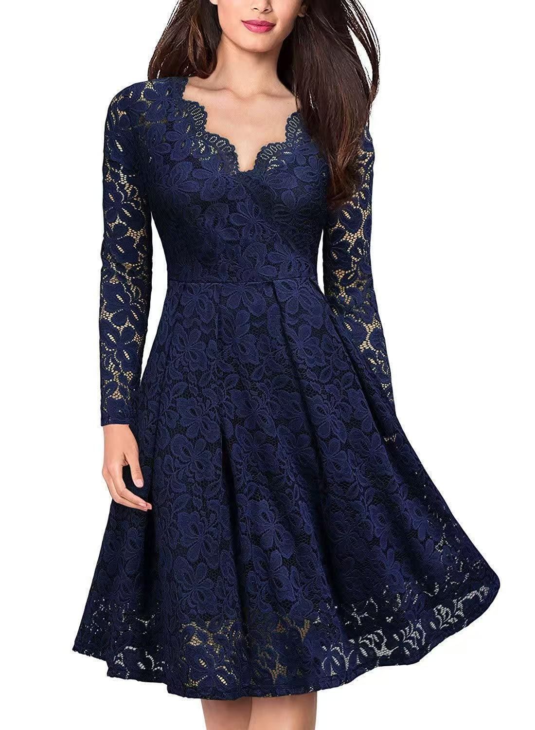 Long Sleeve Lace Dress V-Neck Dress Flared Dress Women'S Formal Dress Elegant