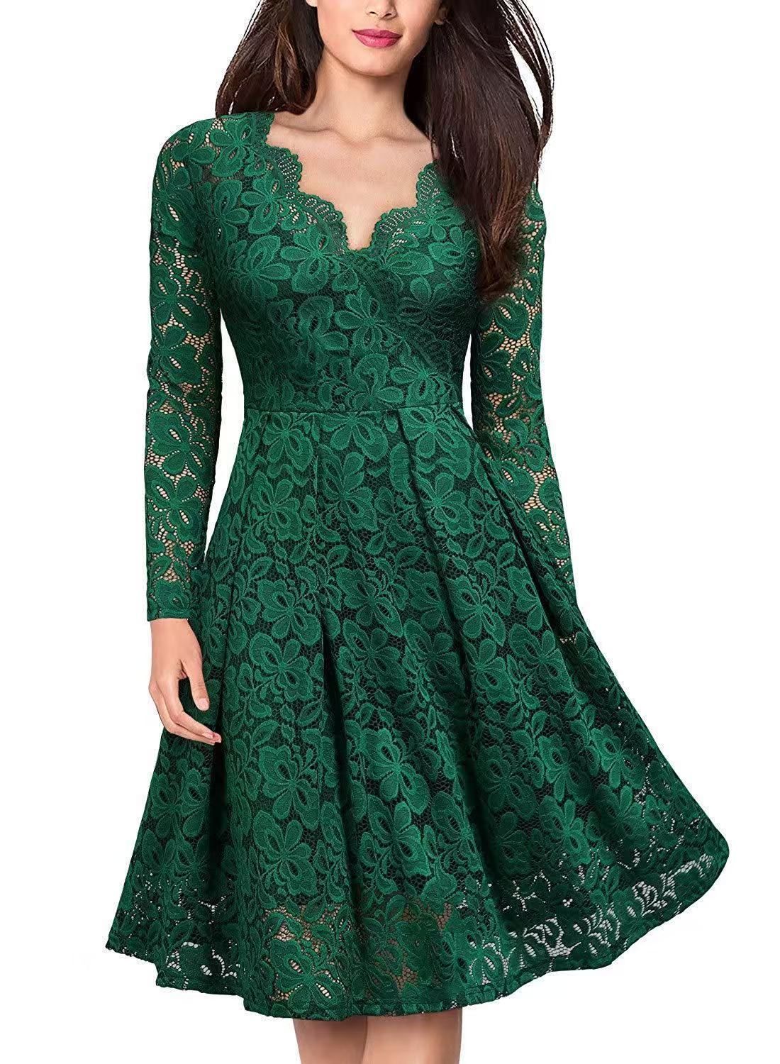 Long Sleeve Lace Dress V-Neck Dress Flared Dress Women'S Formal Dress Elegant view 3