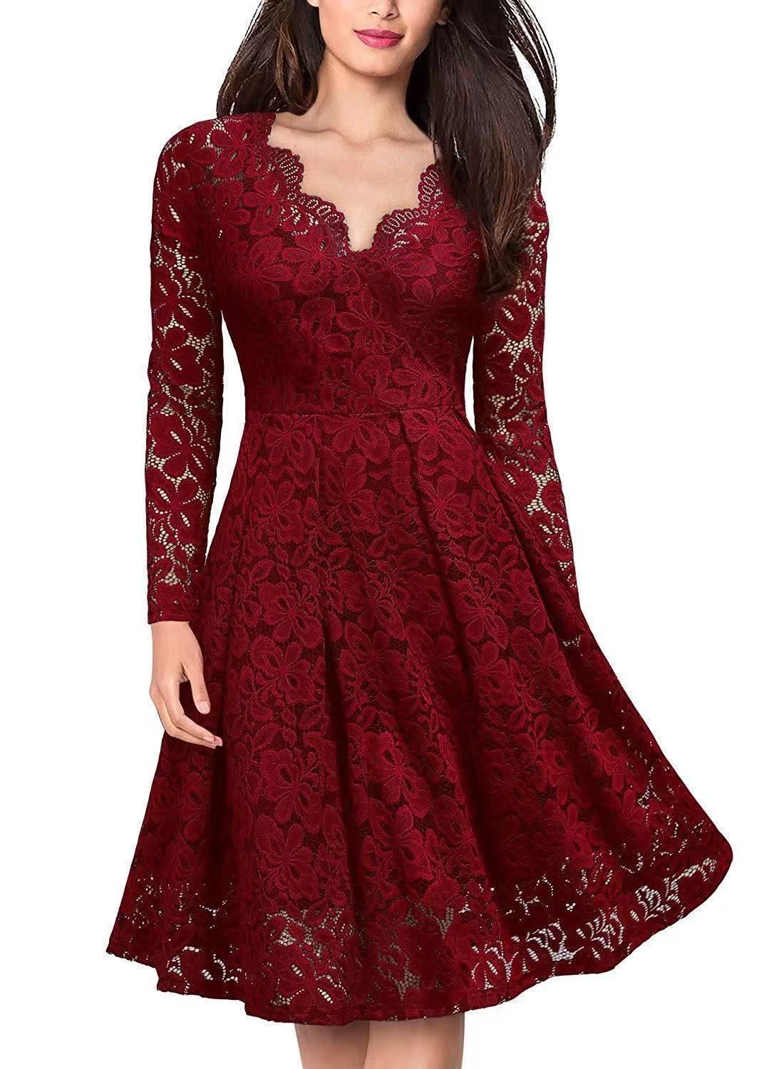 Long Sleeve Lace Dress V-Neck Dress Flared Dress Women'S Formal Dress Elegant