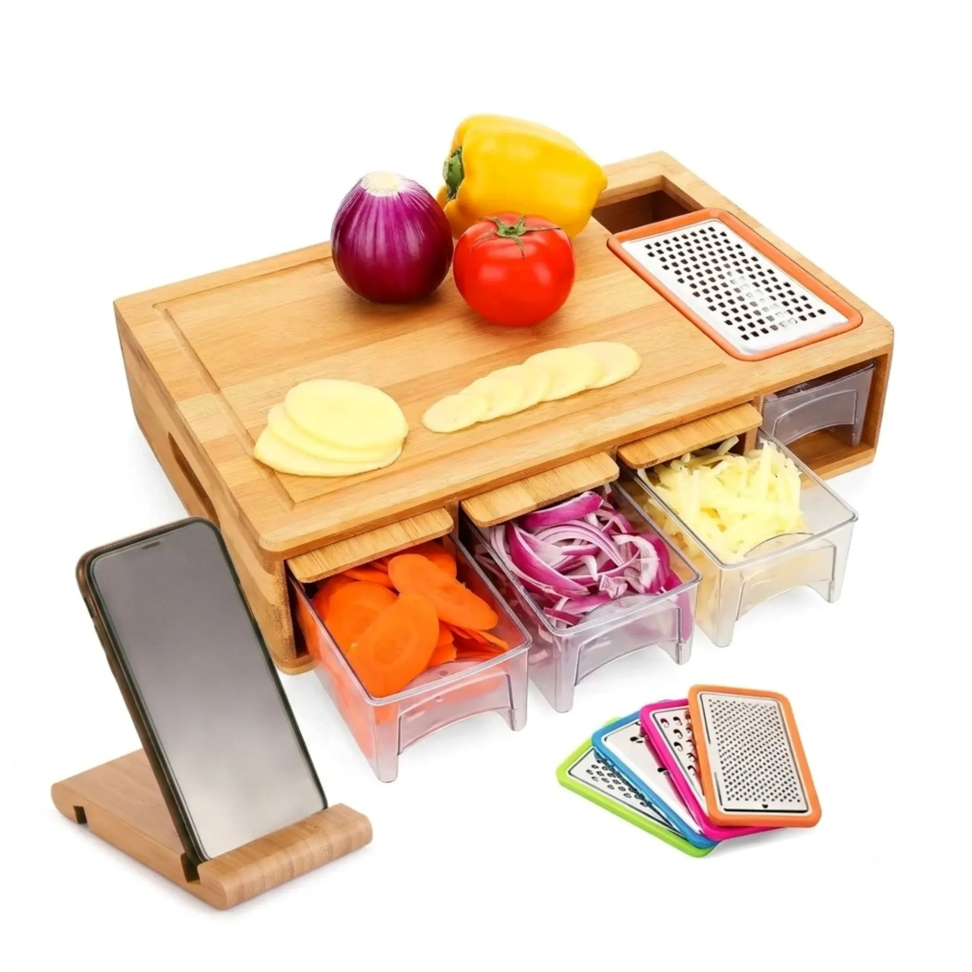 Large Bamboo Cutting Board and 4 Containers with Mobile Holder gift included