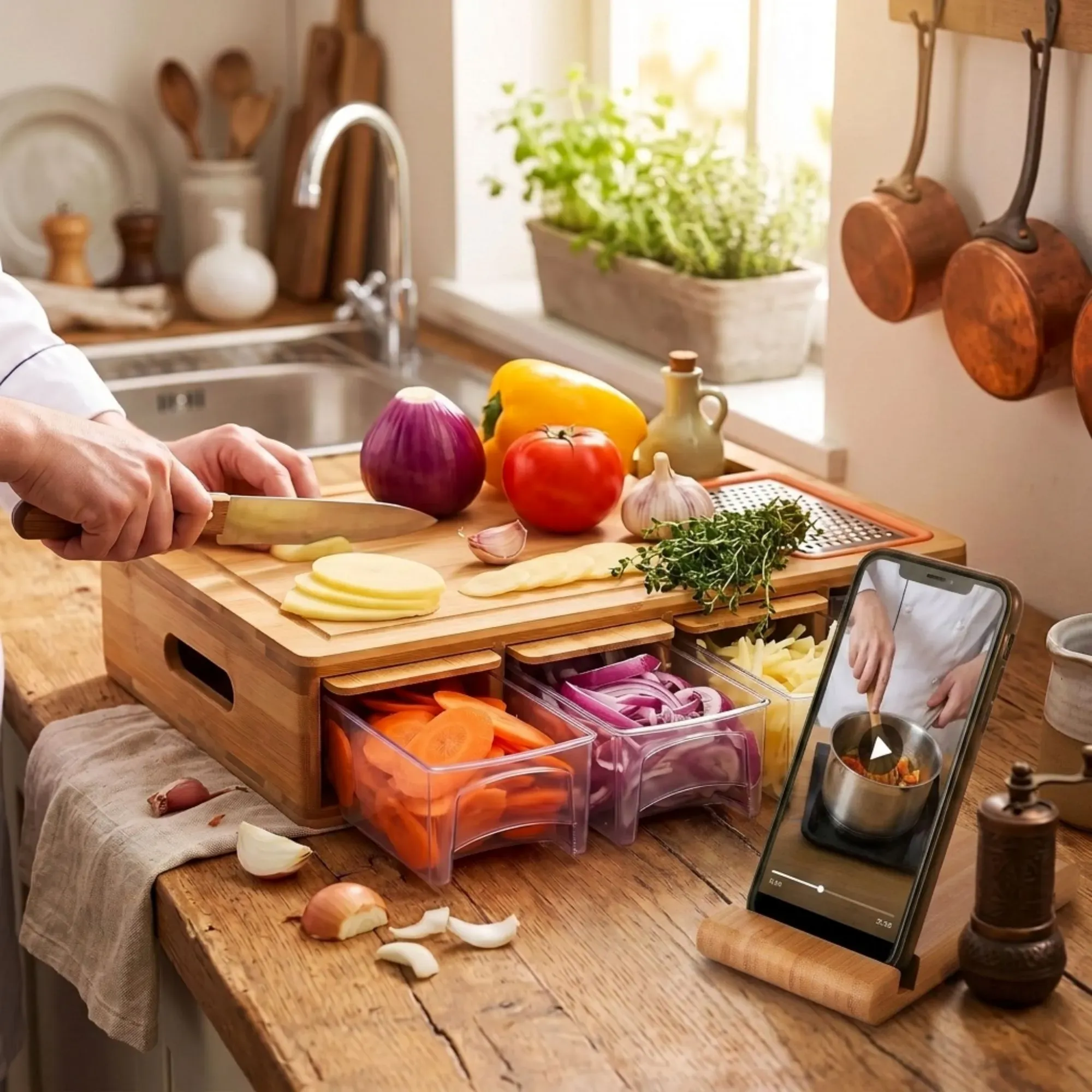 Large Bamboo Cutting Board and 4 Containers with Mobile Holder gift included view 2