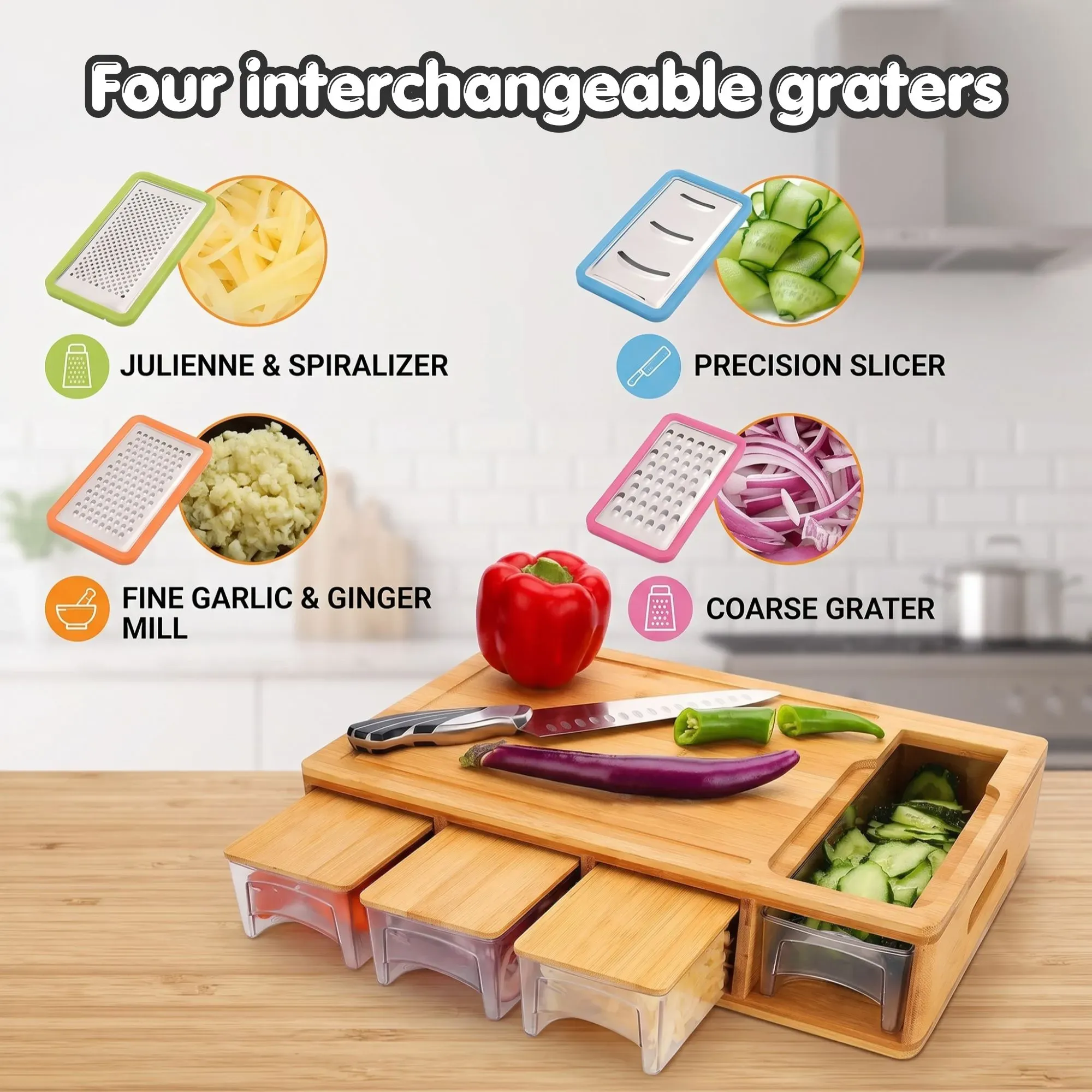Large Bamboo Cutting Board and 4 Containers with Mobile Holder gift included view 5