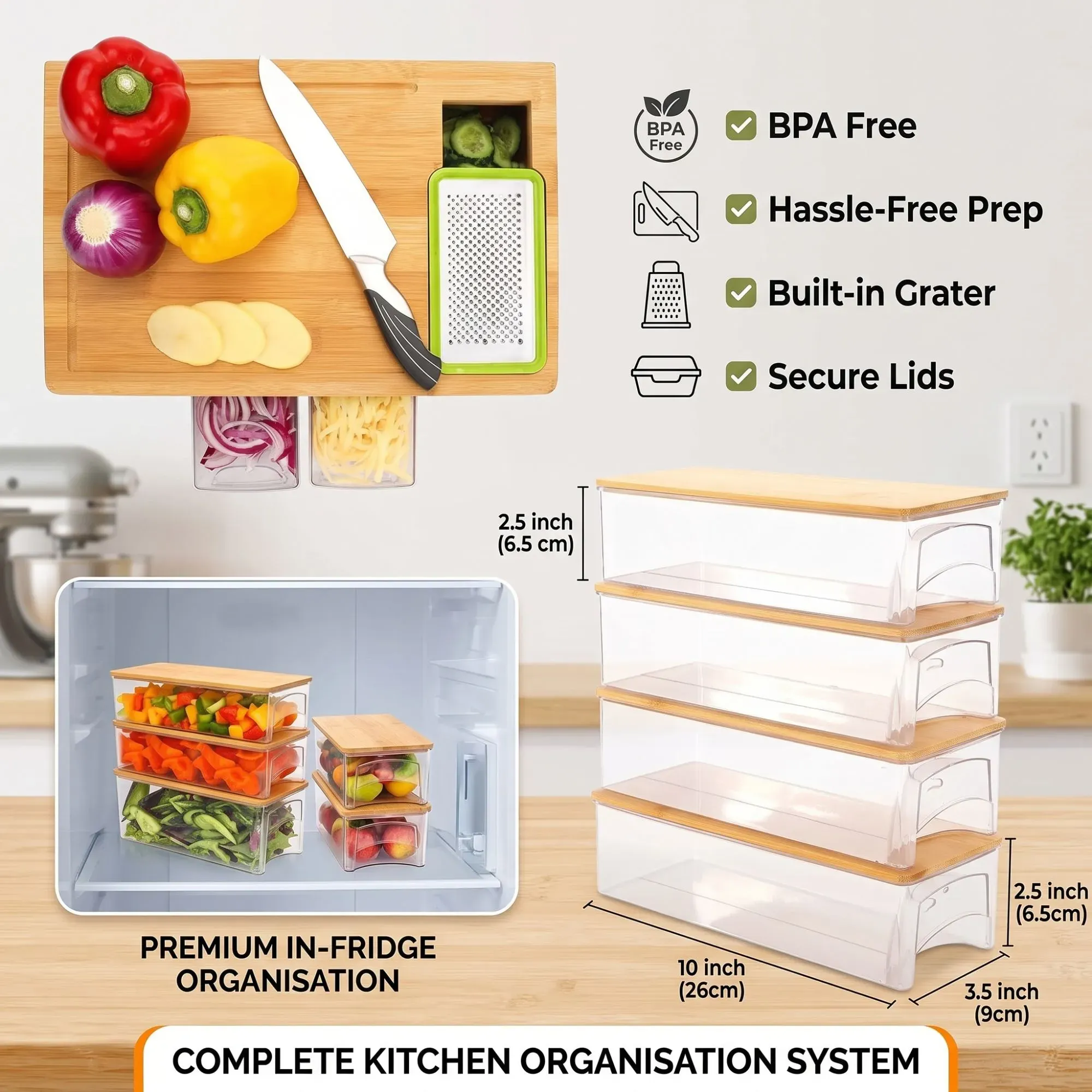 Large Bamboo Cutting Board and 4 Containers with Mobile Holder gift included view 6