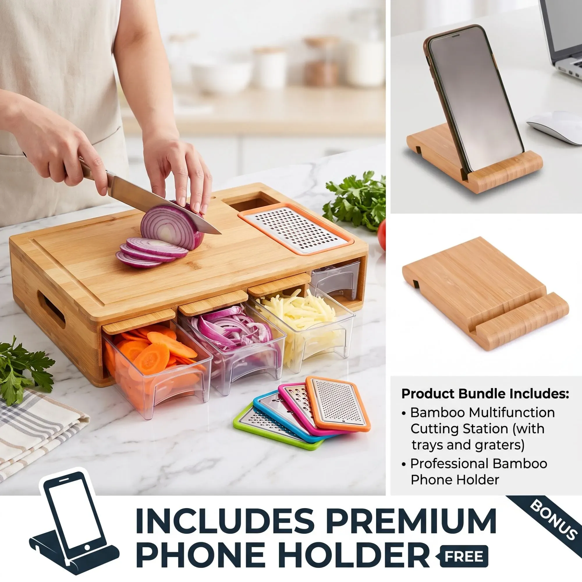 Large Bamboo Cutting Board and 4 Containers with Mobile Holder gift included view 7