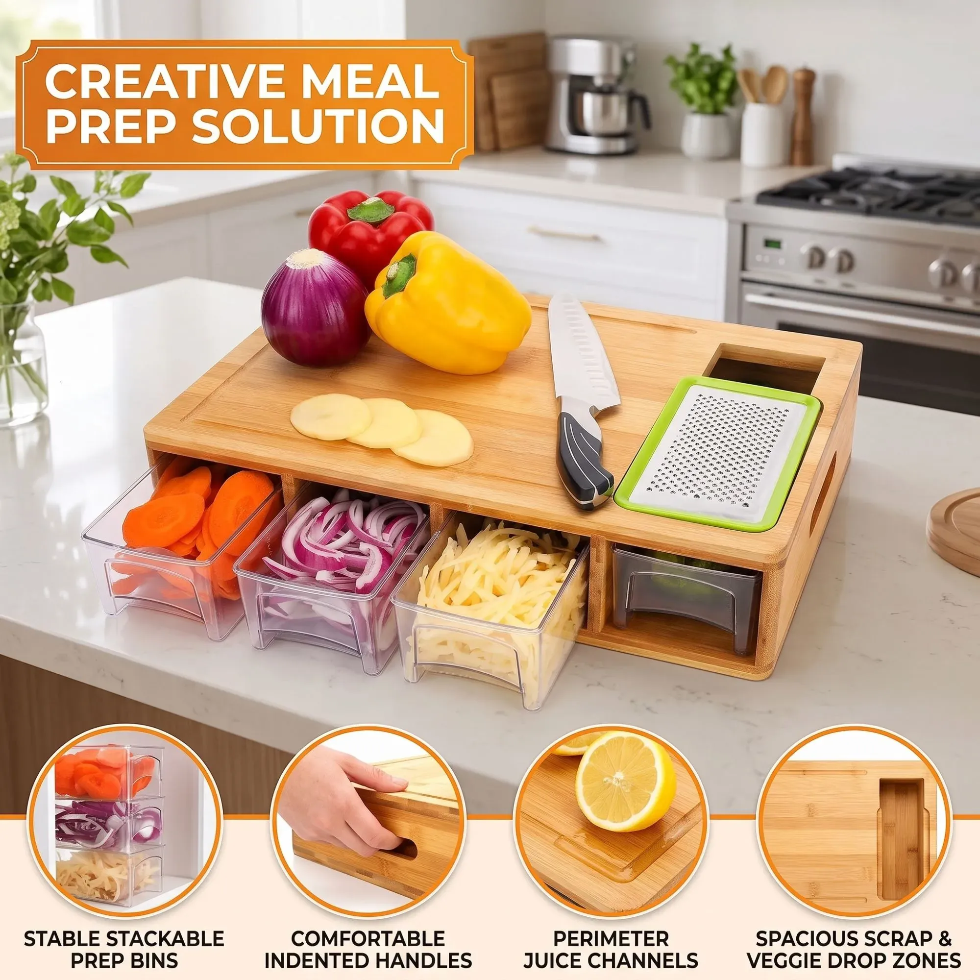 Large Bamboo Cutting Board and 4 Containers with Mobile Holder gift included view 8