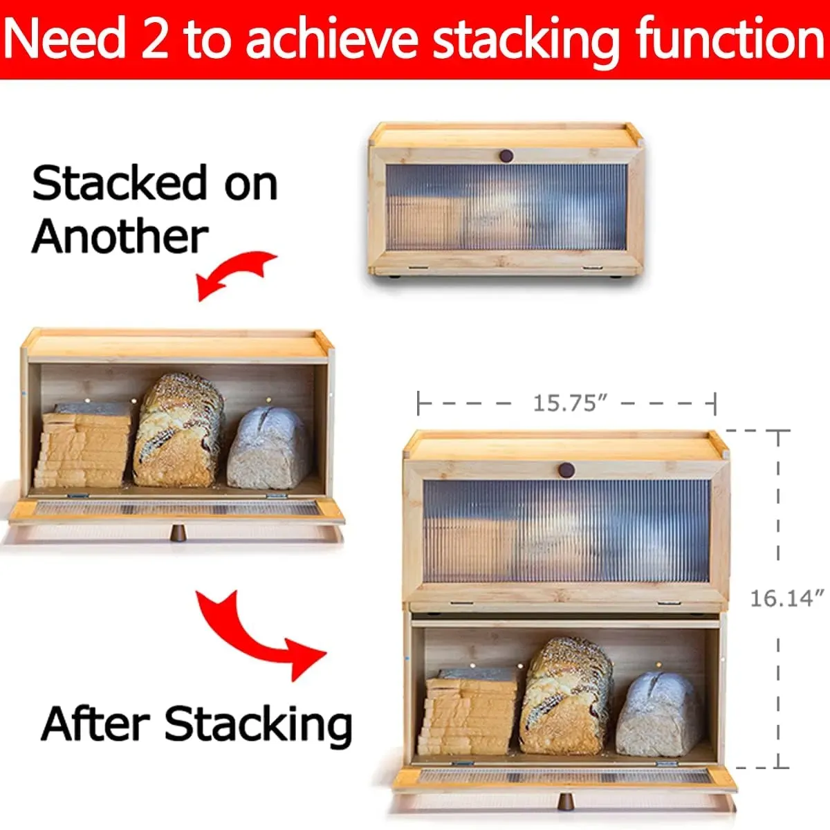CARLA HOME Bamboo Bread Box, Kitchen Countertop Storage, Window Bread Holder view 4
