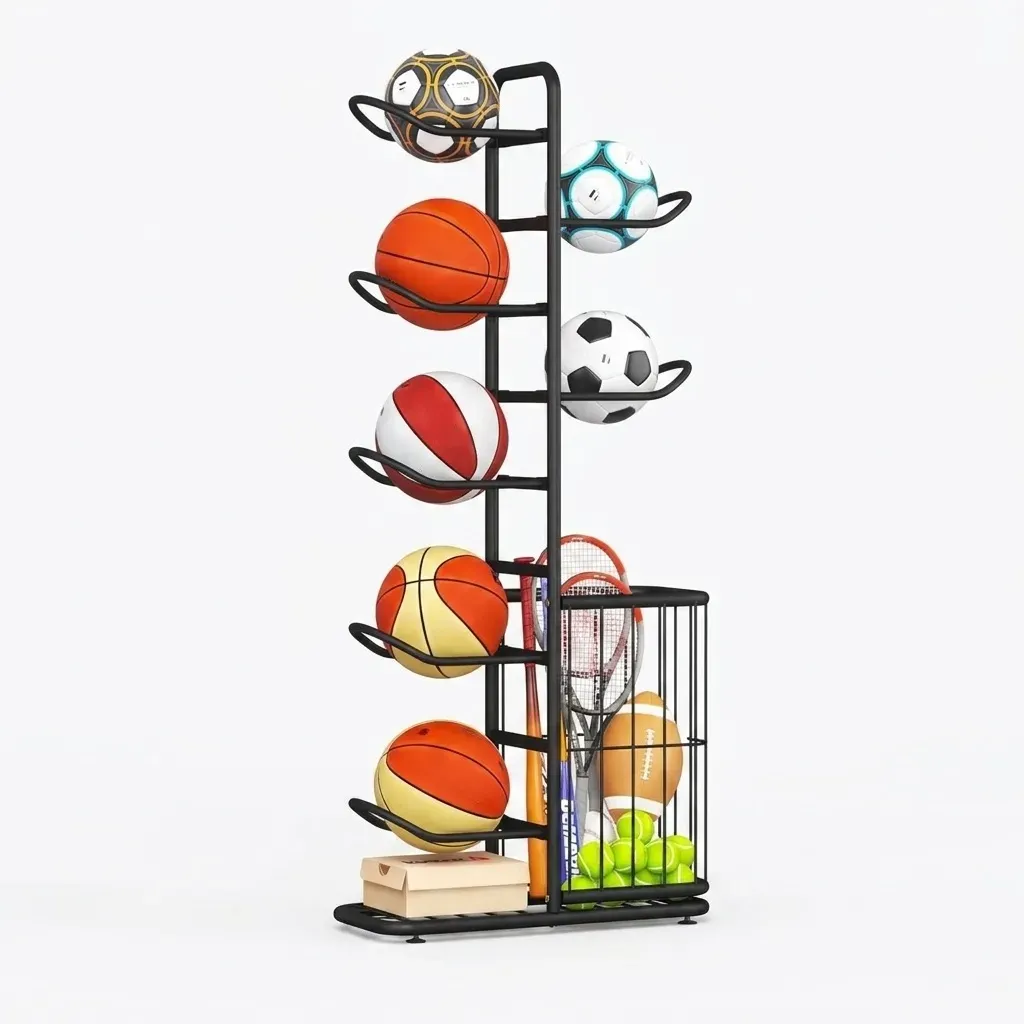 CARLA HOME 7 Tier Ball Storage Rack - Sports Organiser - Black - Basketball
