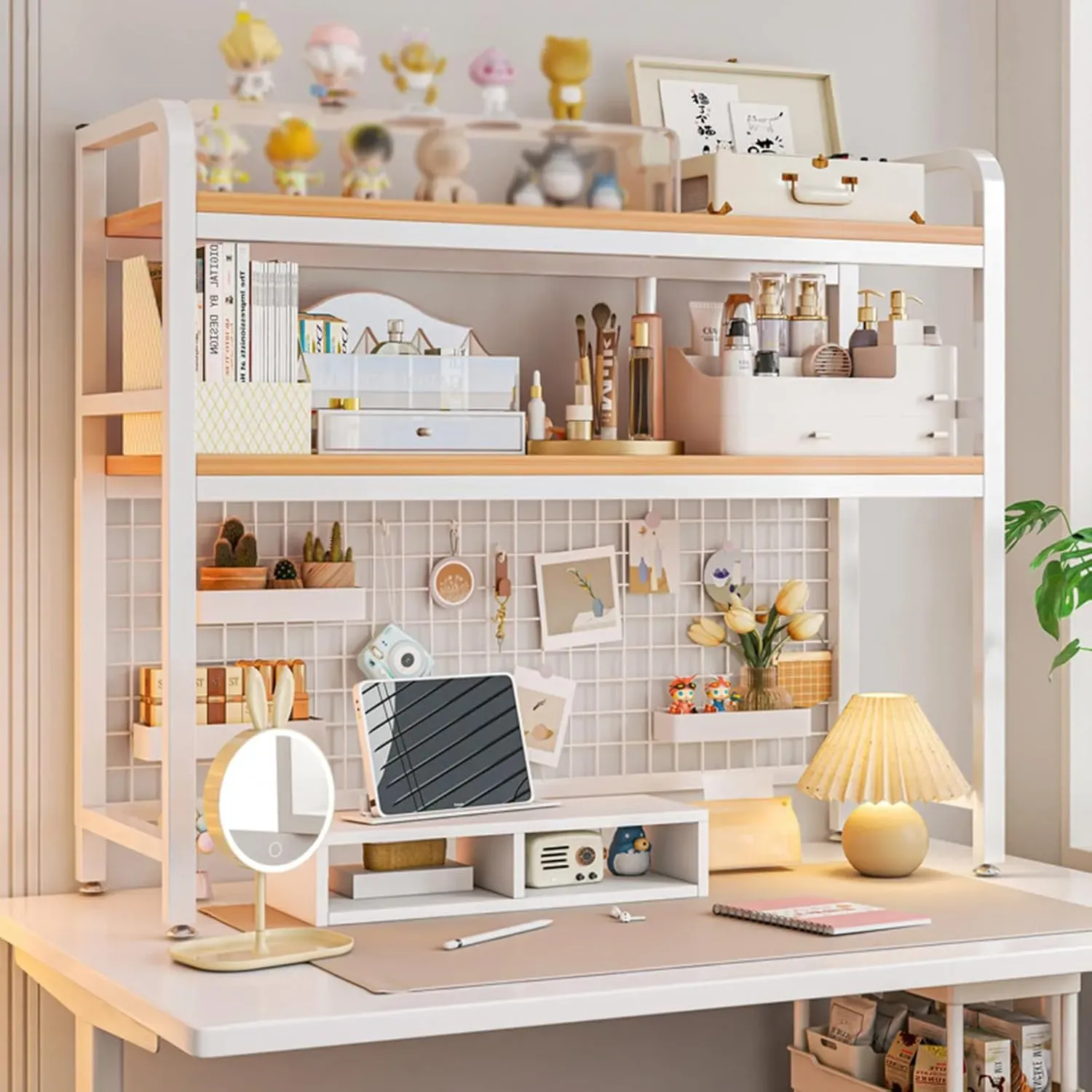 CARLA HOME 2-Tier Metal Desktop Hutch Bookshelf with Grid Panel for Computer view 3