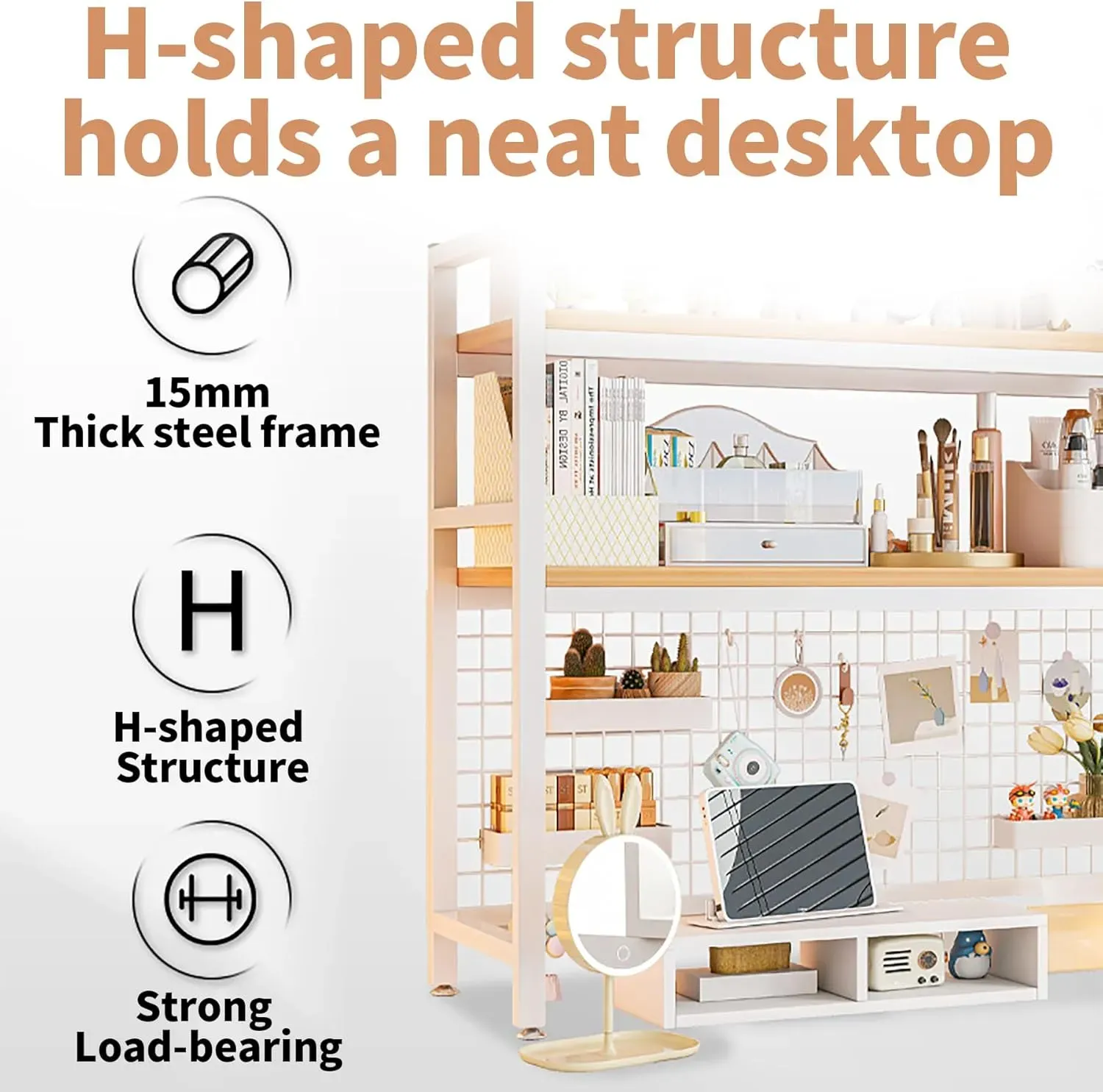 CARLA HOME 2-Tier Metal Desktop Hutch Bookshelf with Grid Panel for Computer view 8