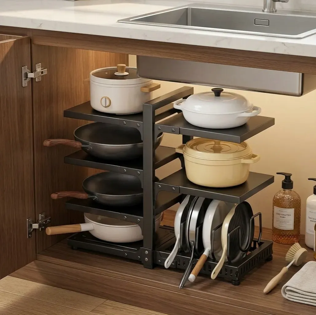 CARLA HOME Black 7 Tier Pan Organiser Rack - Heavy Duty - Adjustable - Pan view 2