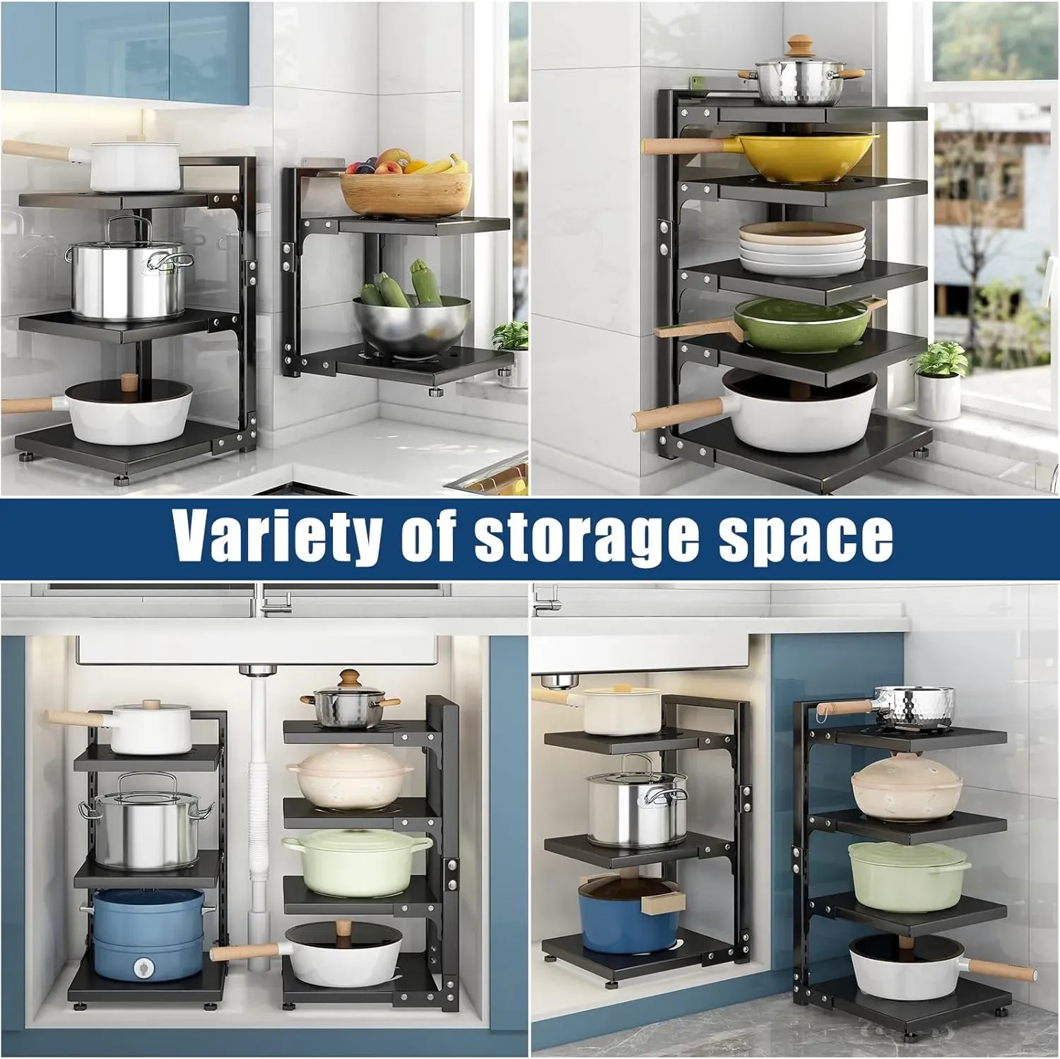 CARLA HOME Black 7 Tier Pan Organiser Rack - Heavy Duty - Adjustable - Pan view 7