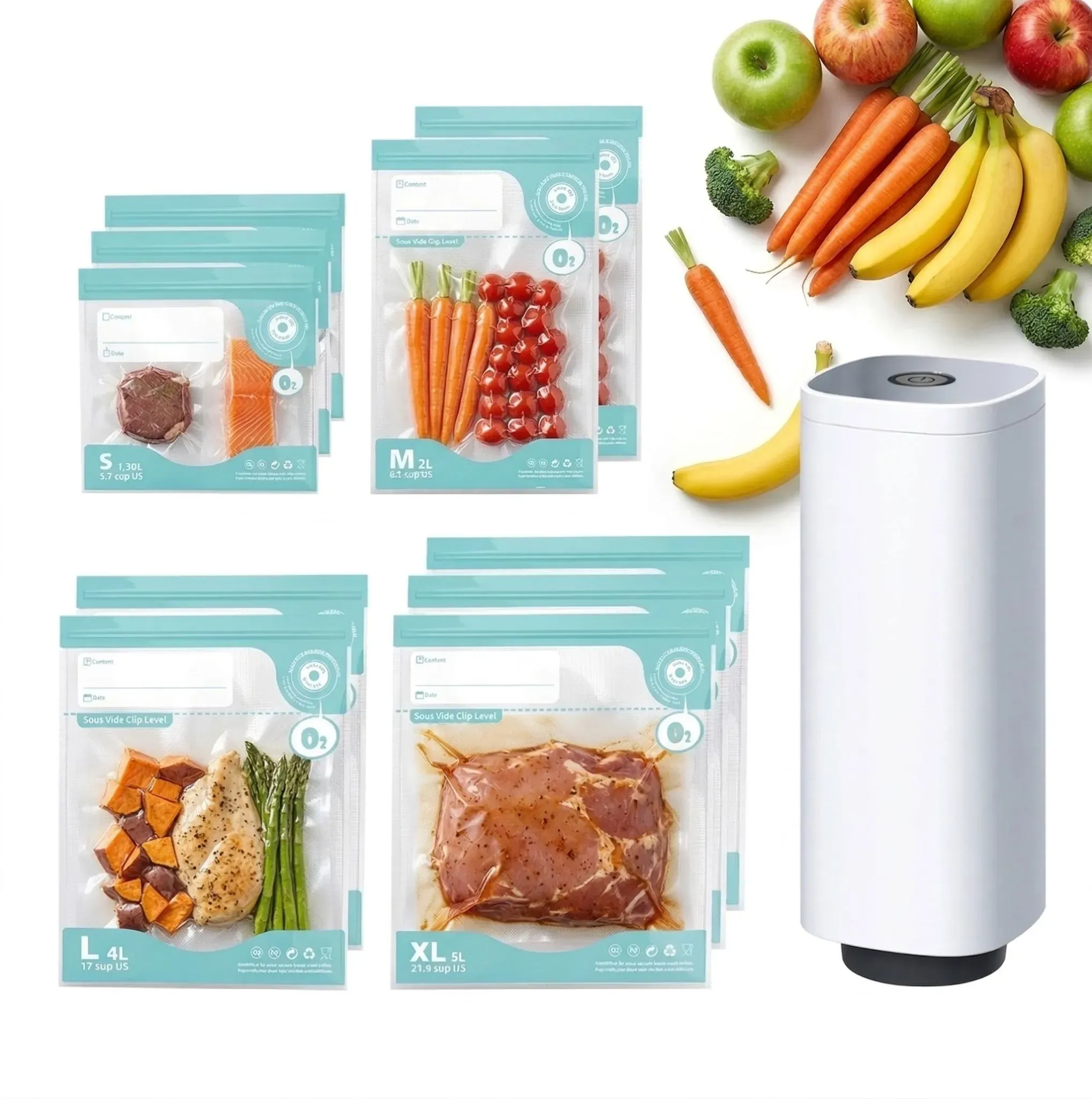 CARLA HOME Automatic Vacuum Sealer Kit - 10 Reusable Bags - White - Food