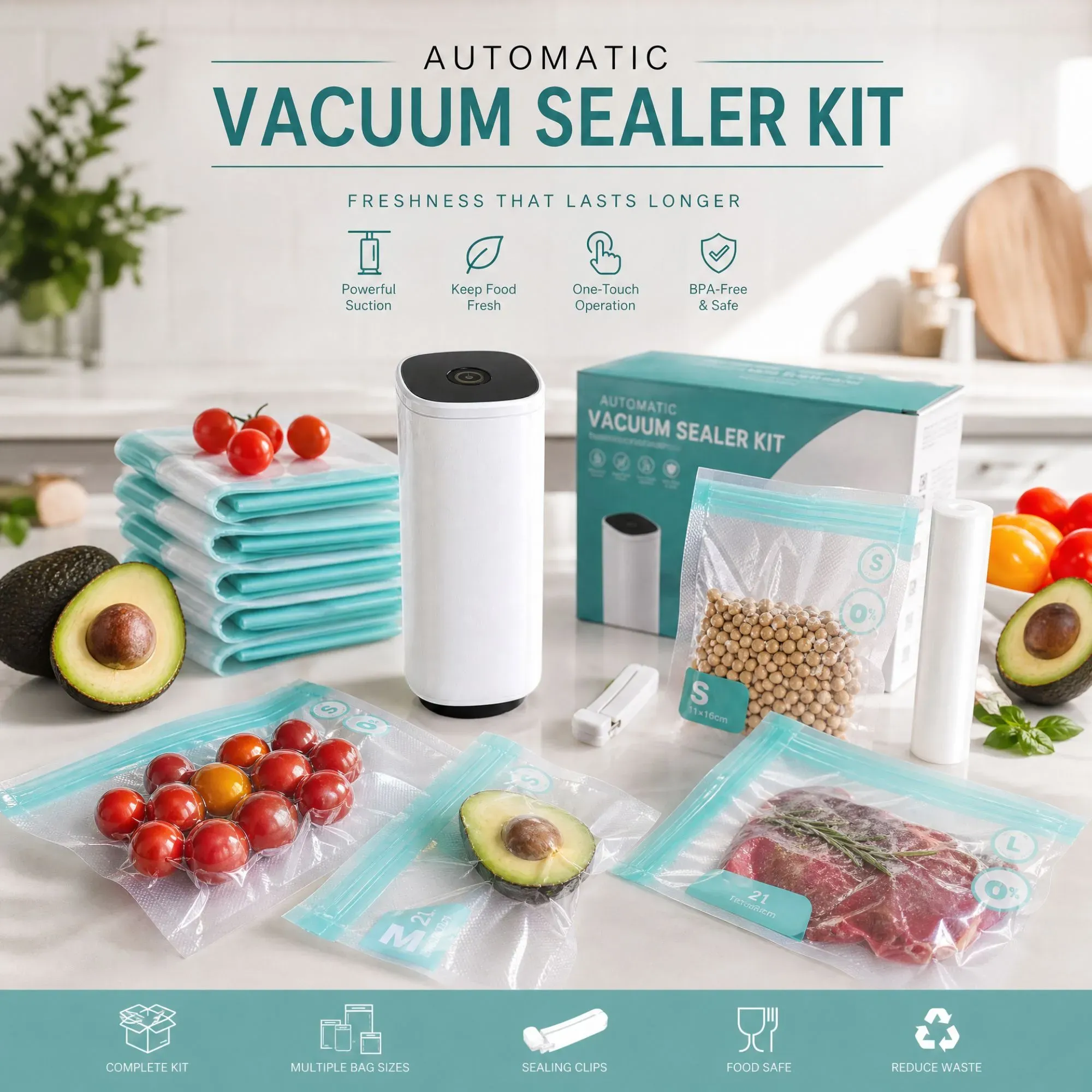 CARLA HOME Automatic Vacuum Sealer Kit - 10 Reusable Bags - White - Food view 2