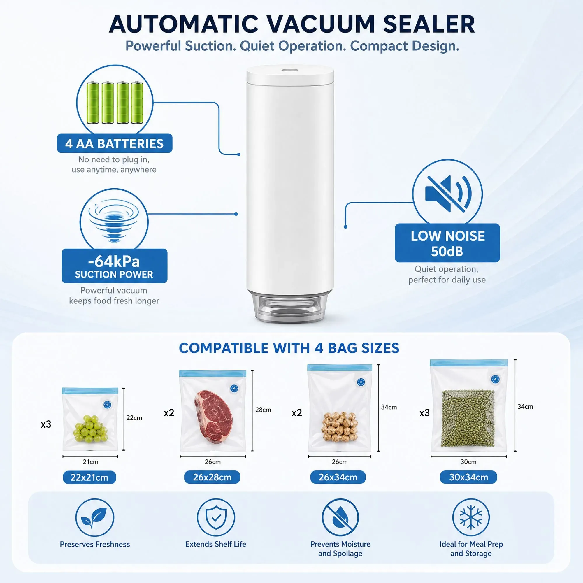 CARLA HOME Automatic Vacuum Sealer Kit - 10 Reusable Bags - White - Food view 3