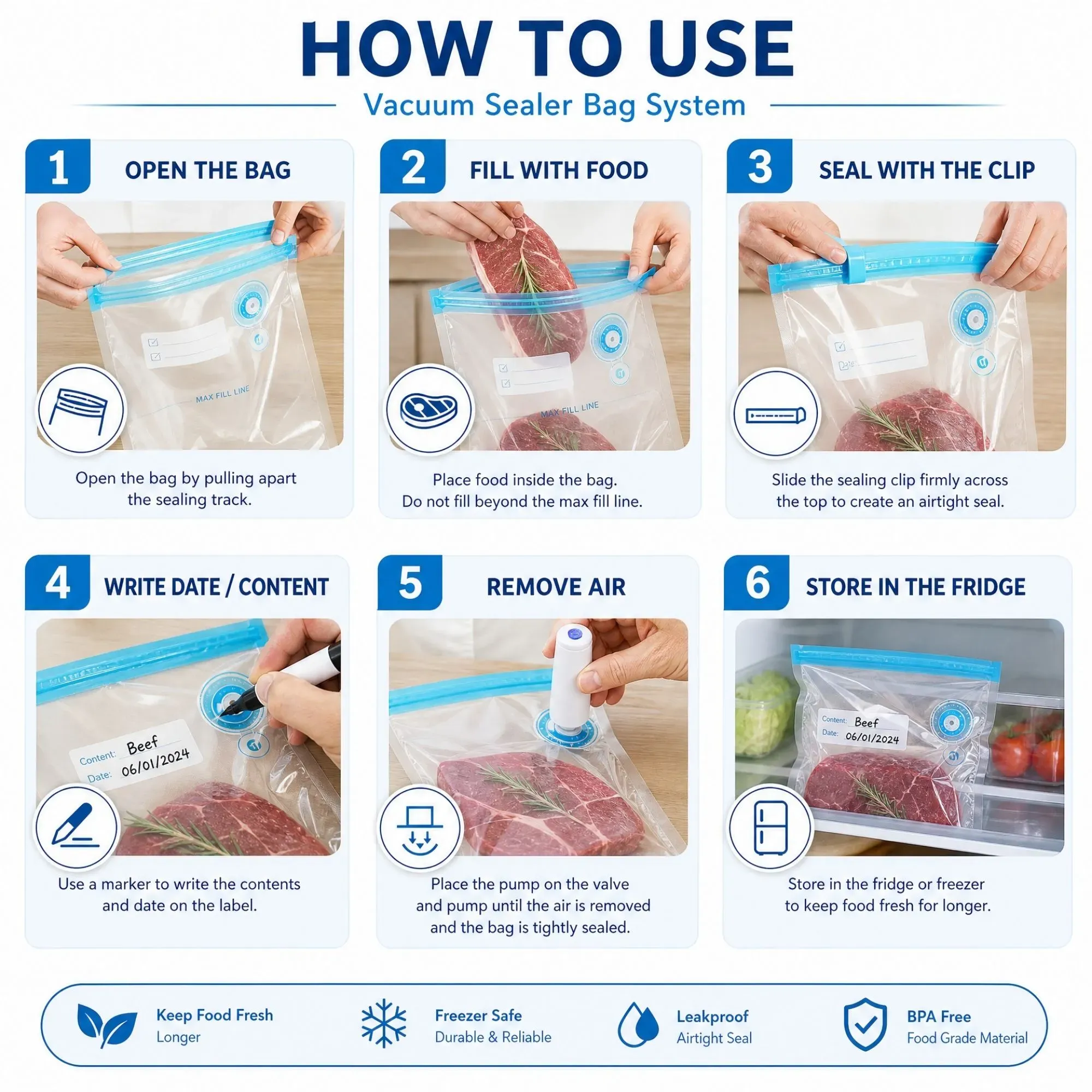 CARLA HOME Automatic Vacuum Sealer Kit - 10 Reusable Bags - White - Food view 7