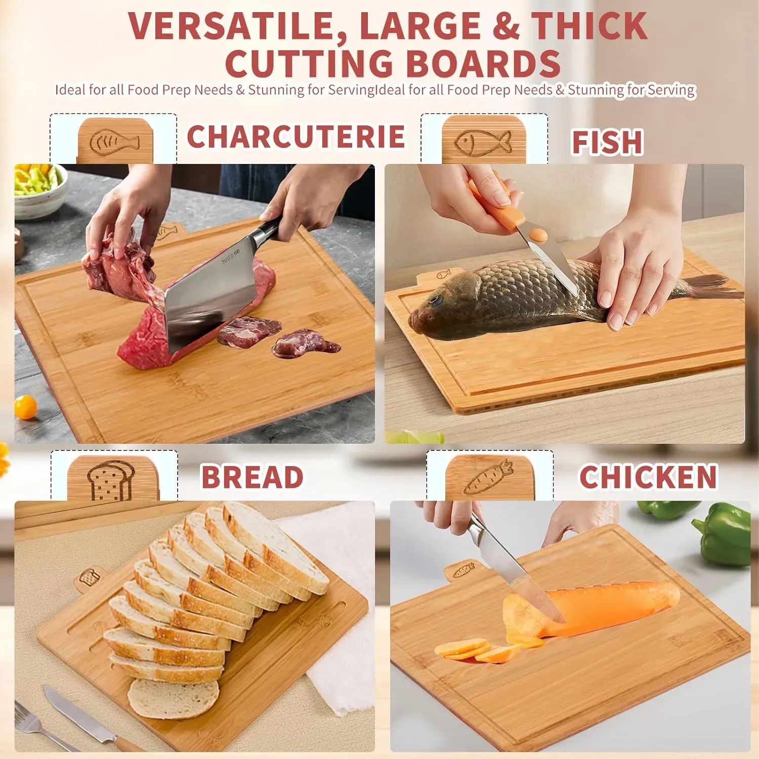 CARLA HOME Bamboo Cutting Board Set with Stand, 4 Pieces for Kitchen view 4