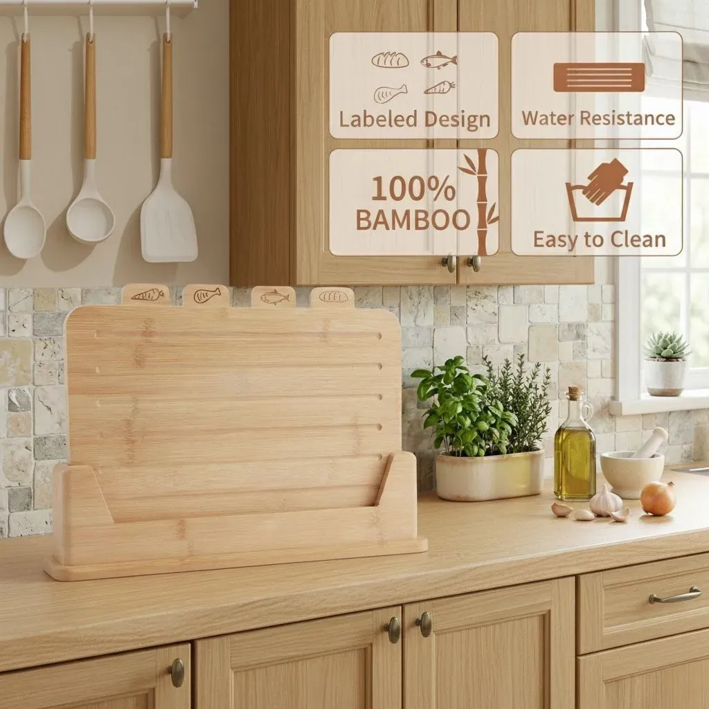 CARLA HOME Bamboo Cutting Board Set with Stand, 4 Pieces for Kitchen view 6