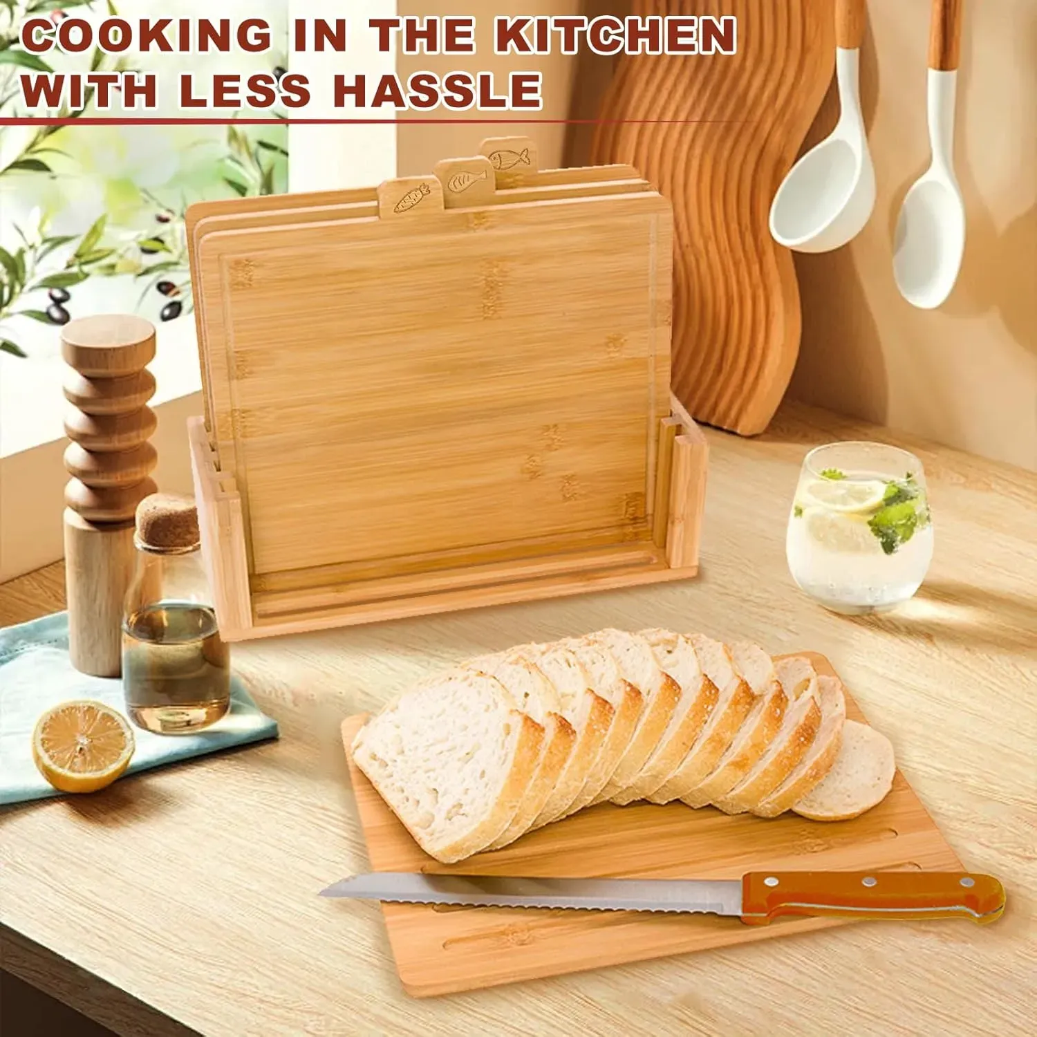 CARLA HOME Bamboo Cutting Board Set with Stand, 4 Pieces for Kitchen view 7